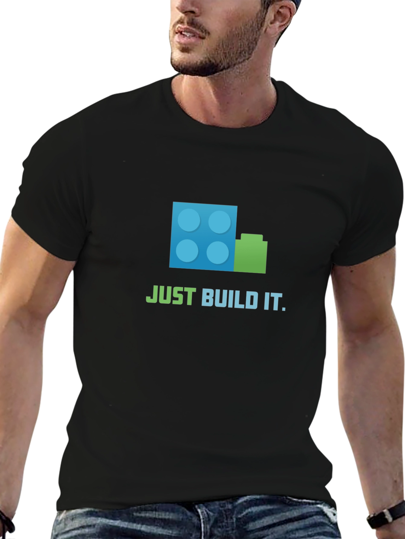 Camiseta Negra Just Build It - Diseño de Ladrillos