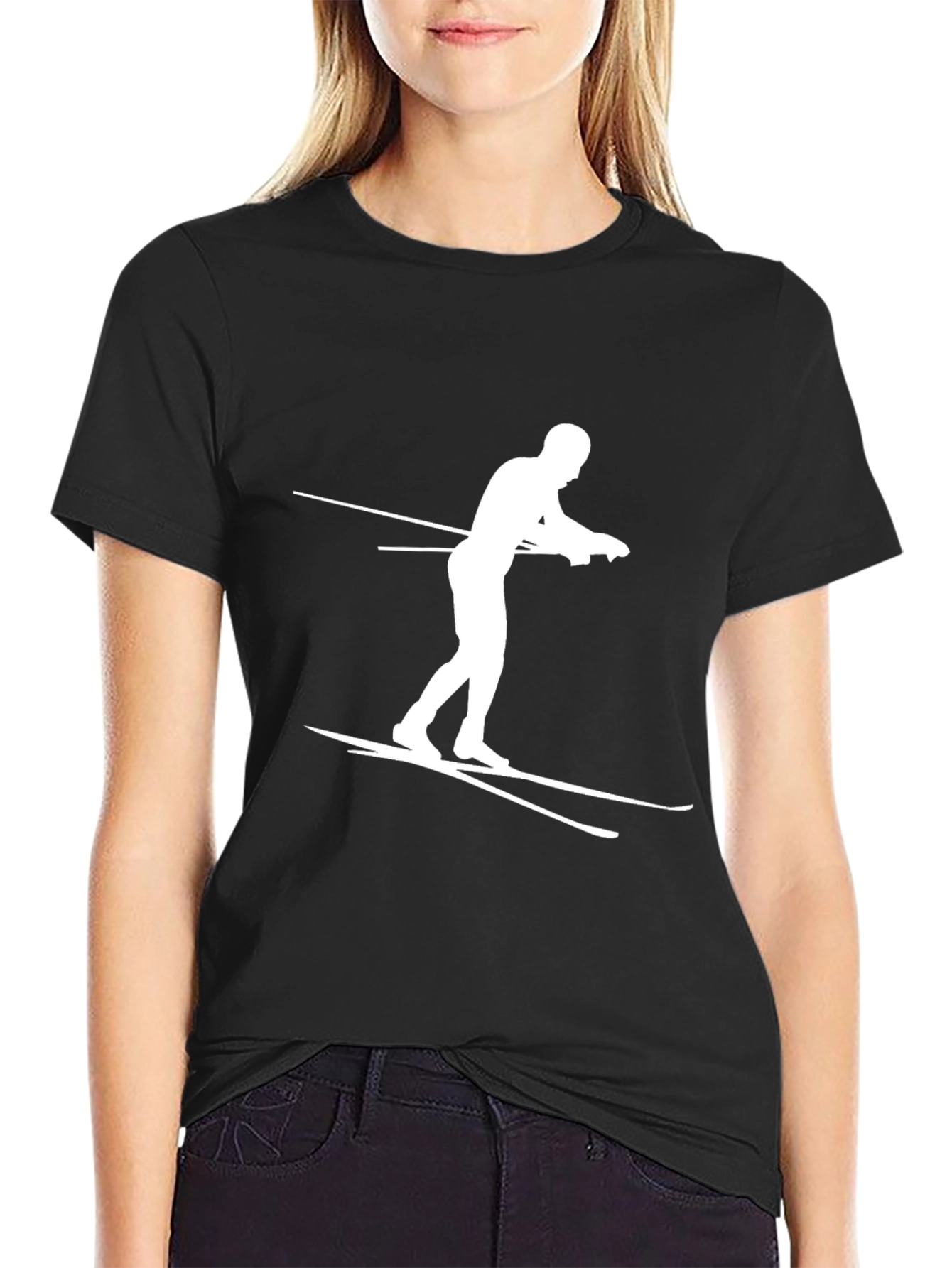 Camiseta Negra con Diseño de Esquiador Blanco