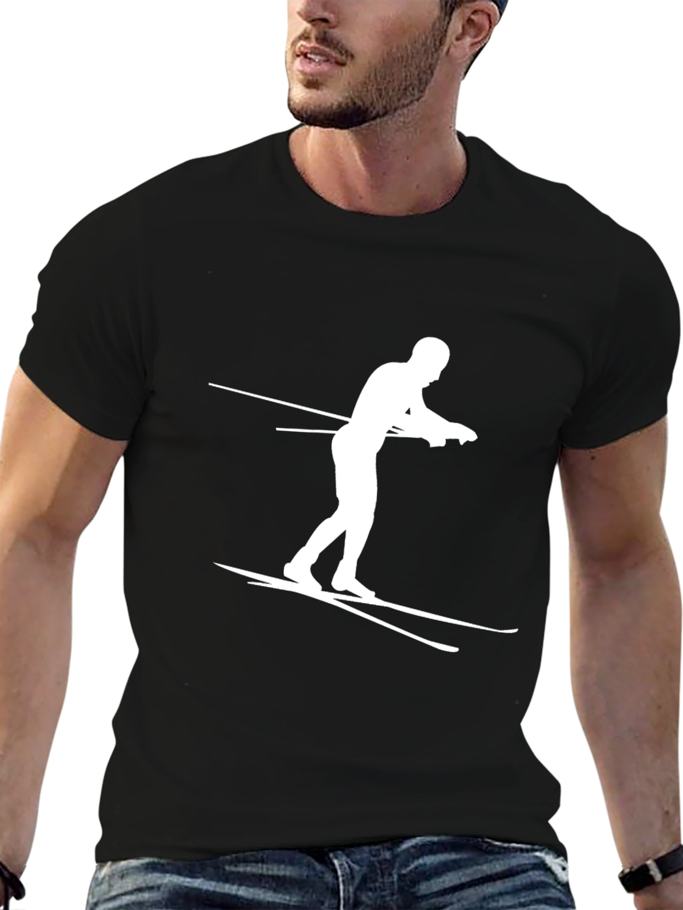 Camiseta Negra con Diseño de Esquiador Blanco