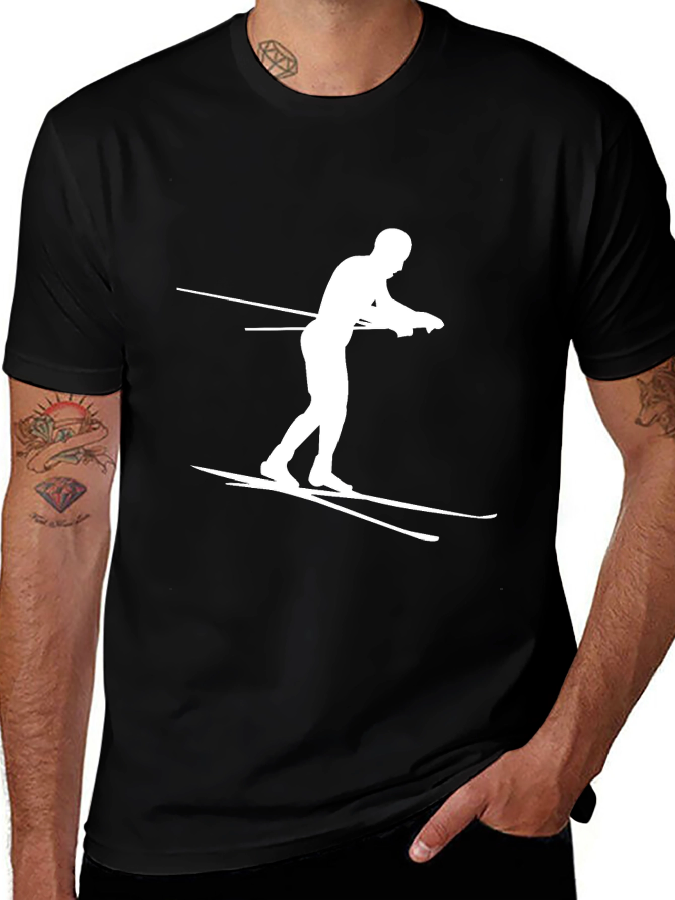 Camiseta Negra con Diseño de Esquiador Blanco
