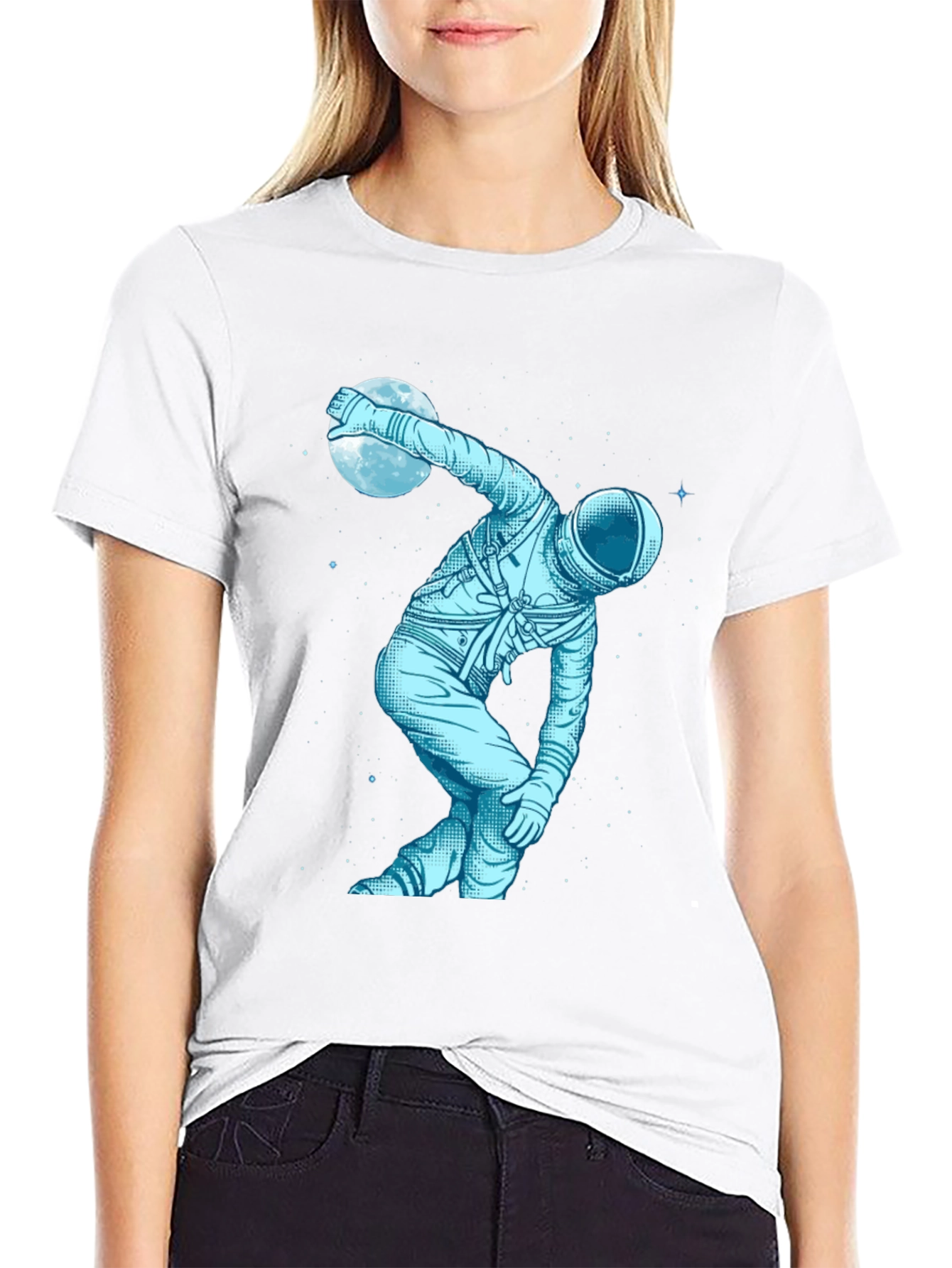 Camiseta Negra Astronauta Jugando con la Luna