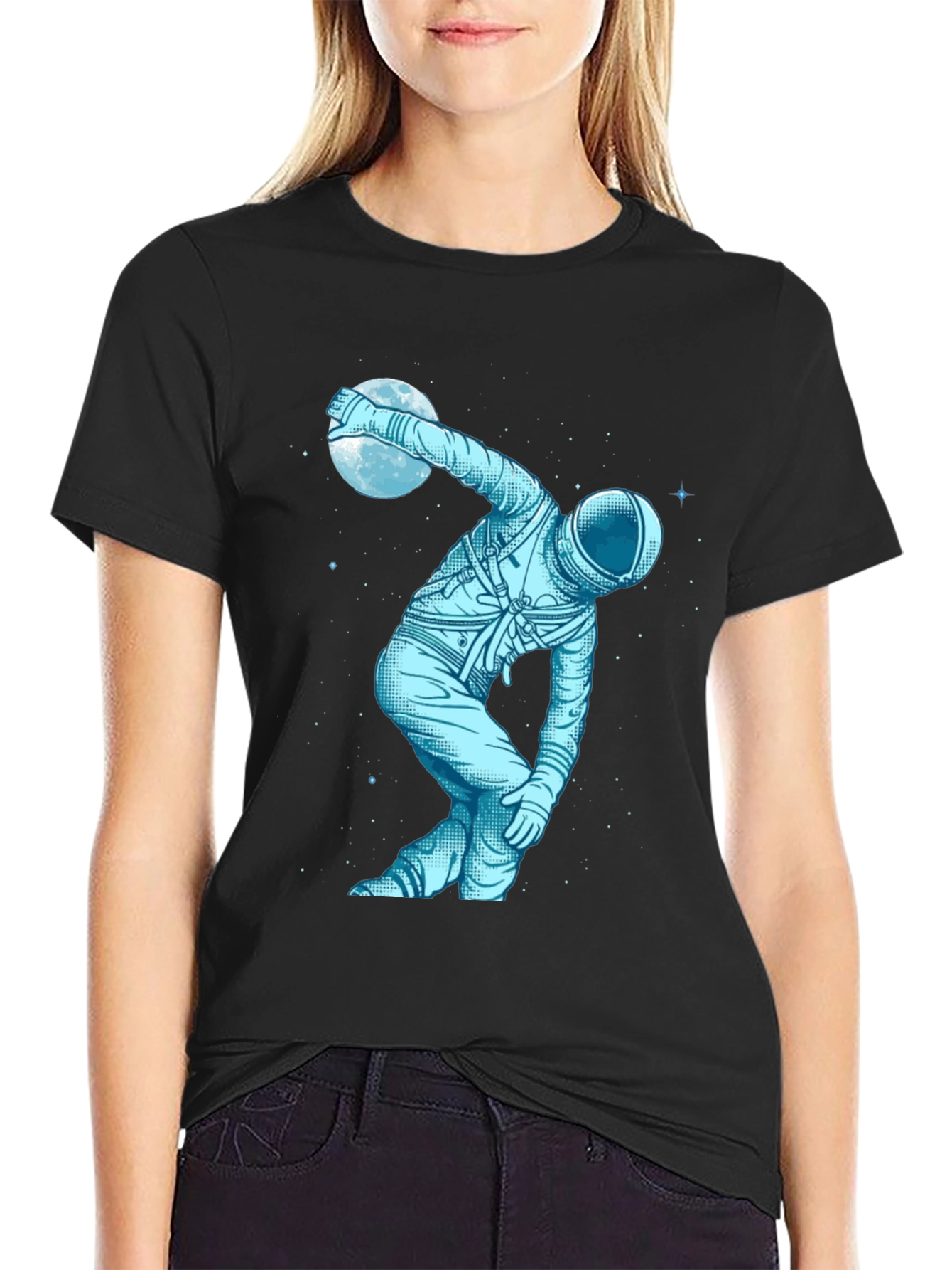 Camiseta Negra Astronauta Jugando con la Luna