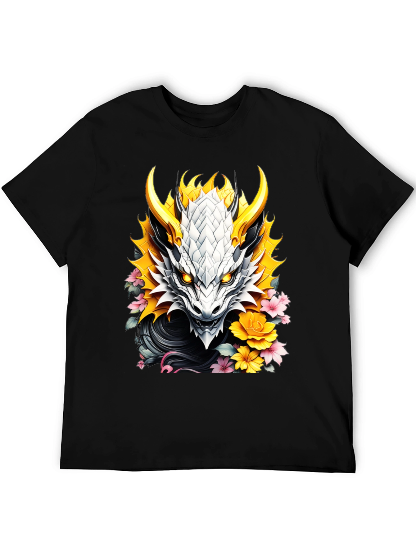 Camiseta Negra Dragón Floral Estilo Japonés