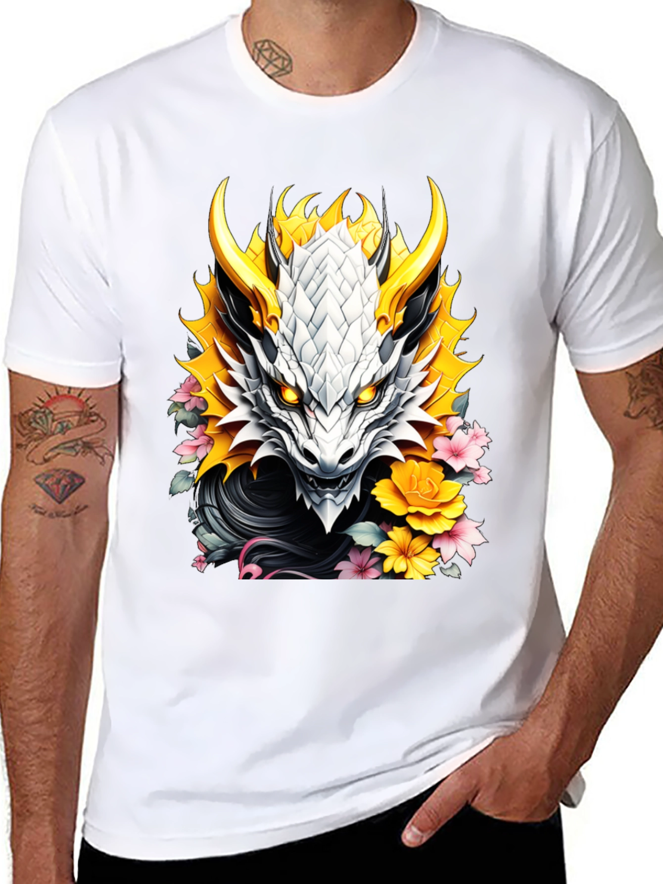 Camiseta Negra Dragón Floral Estilo Japonés