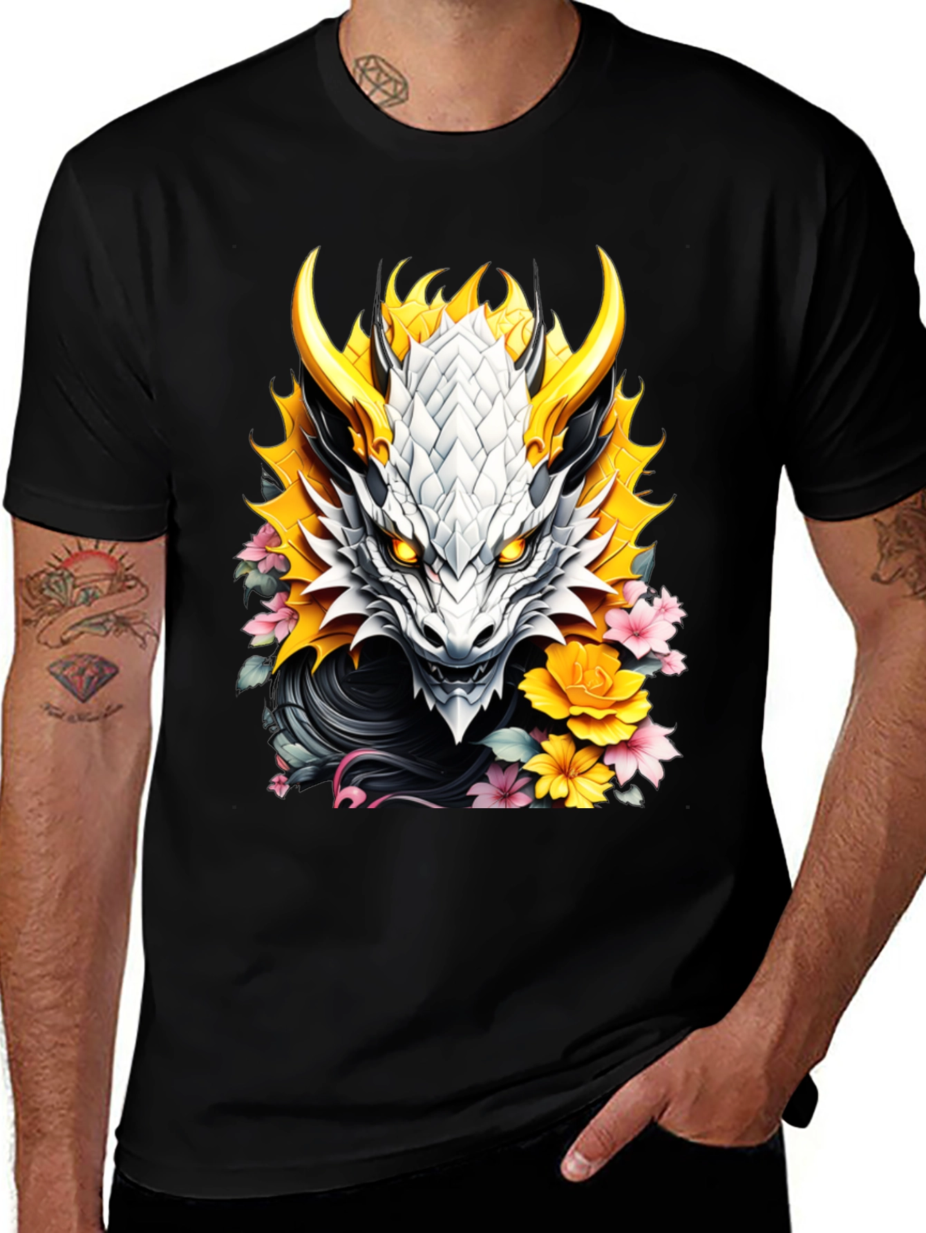 Camiseta Negra Dragón Floral Estilo Japonés