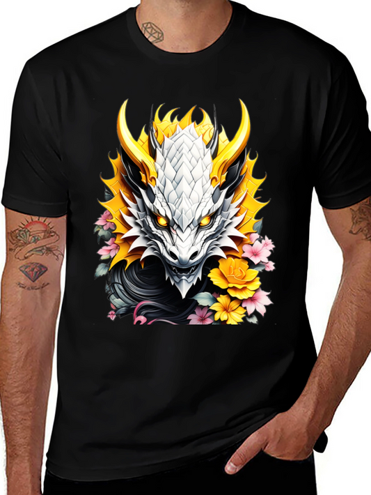 Camiseta Negra Dragón Floral Estilo Japonés