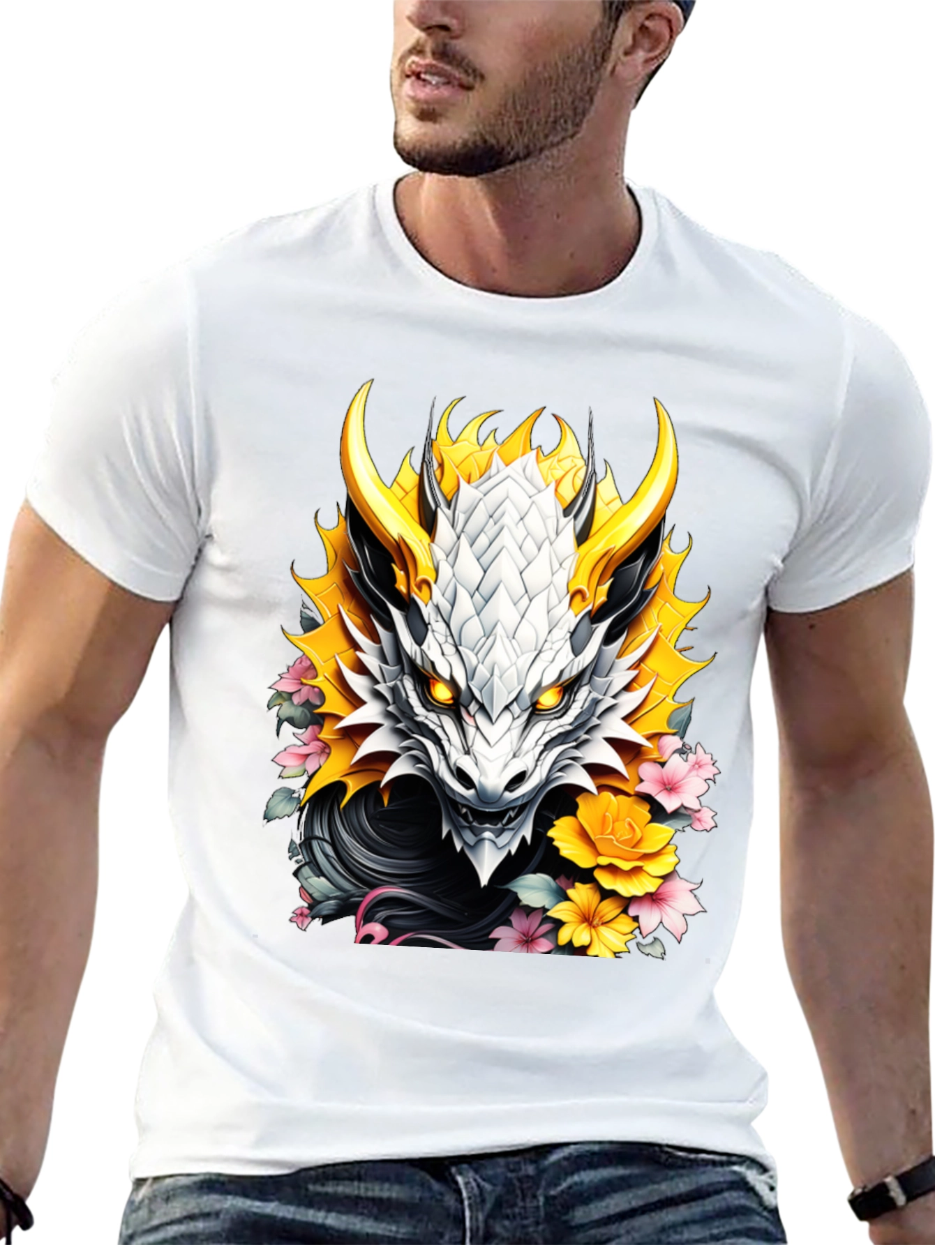 Camiseta Negra Dragón Floral Estilo Japonés