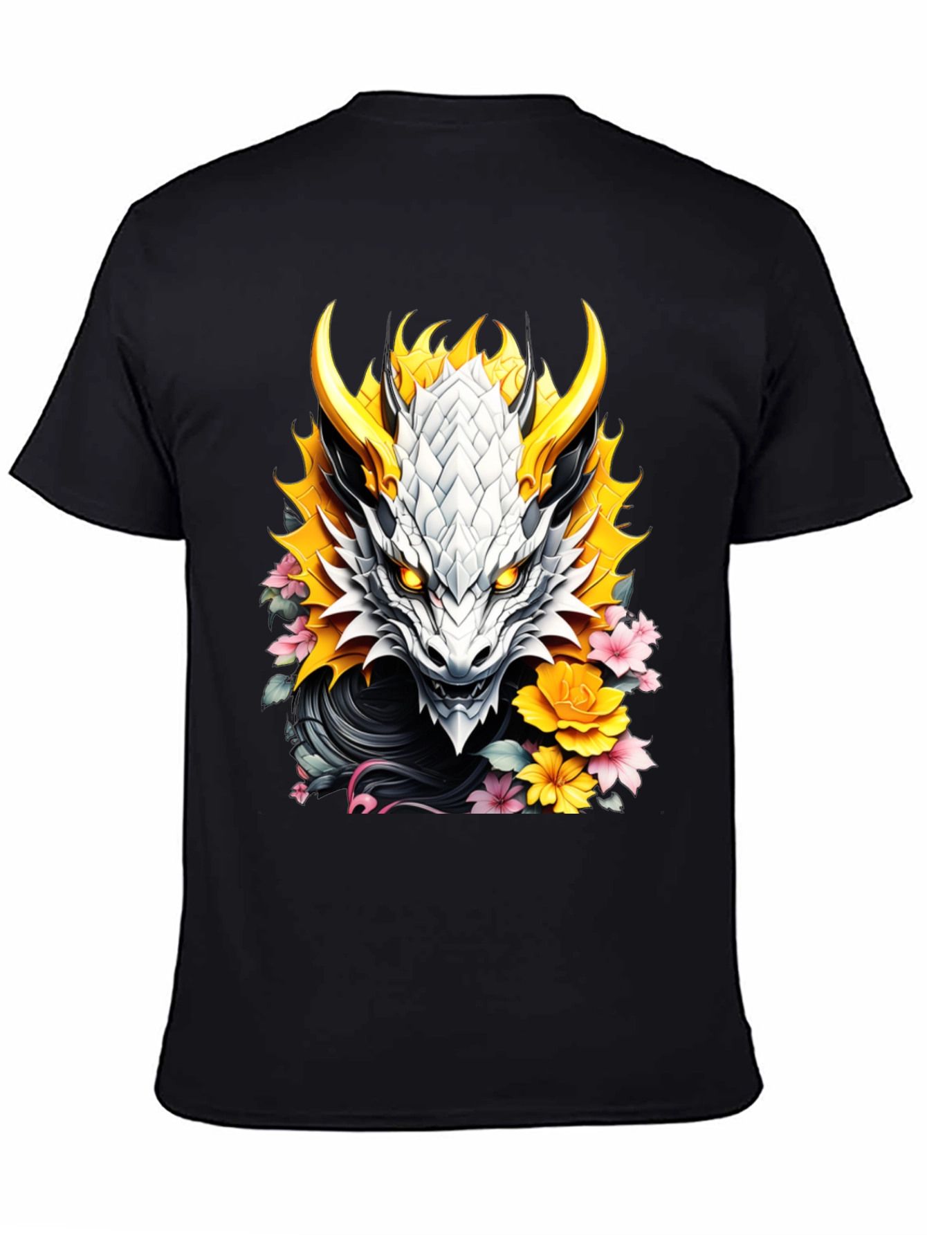 Camiseta Negra Dragón Floral Estilo Japonés