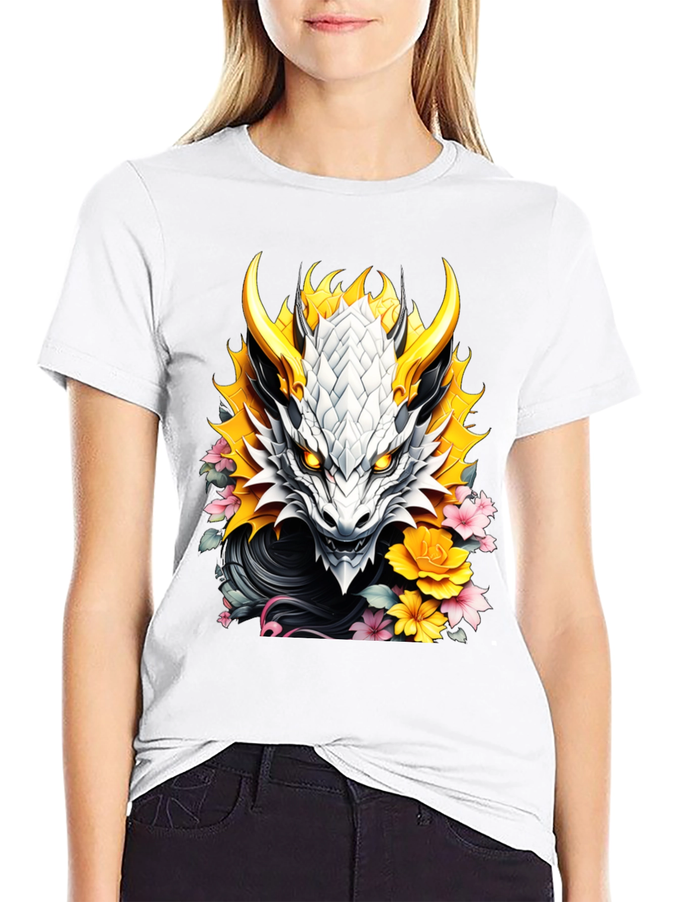 Camiseta Negra Dragón Floral Estilo Japonés