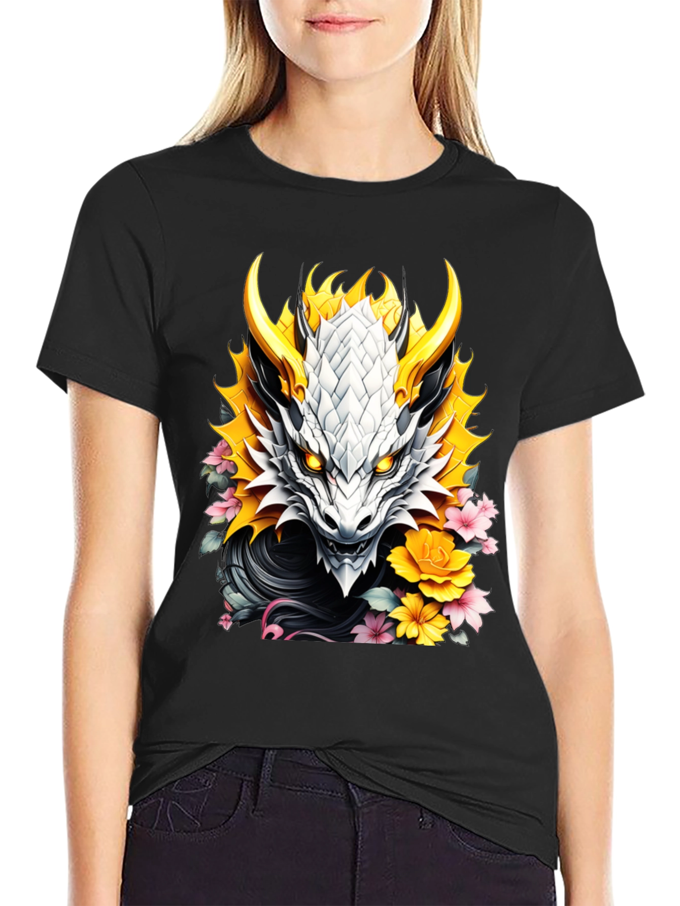 Camiseta Negra Dragón Floral Estilo Japonés