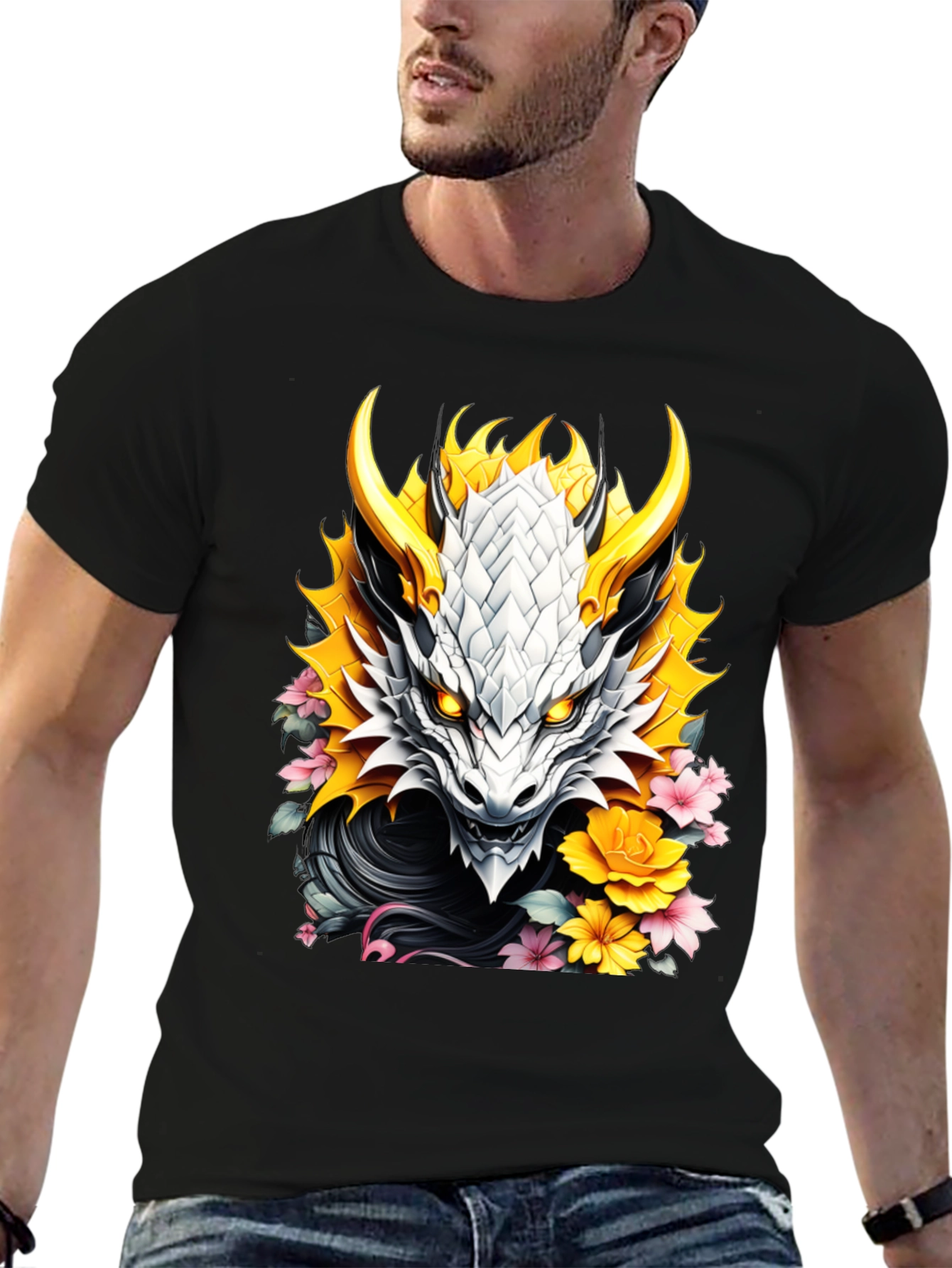 Camiseta Negra Dragón Floral Estilo Japonés