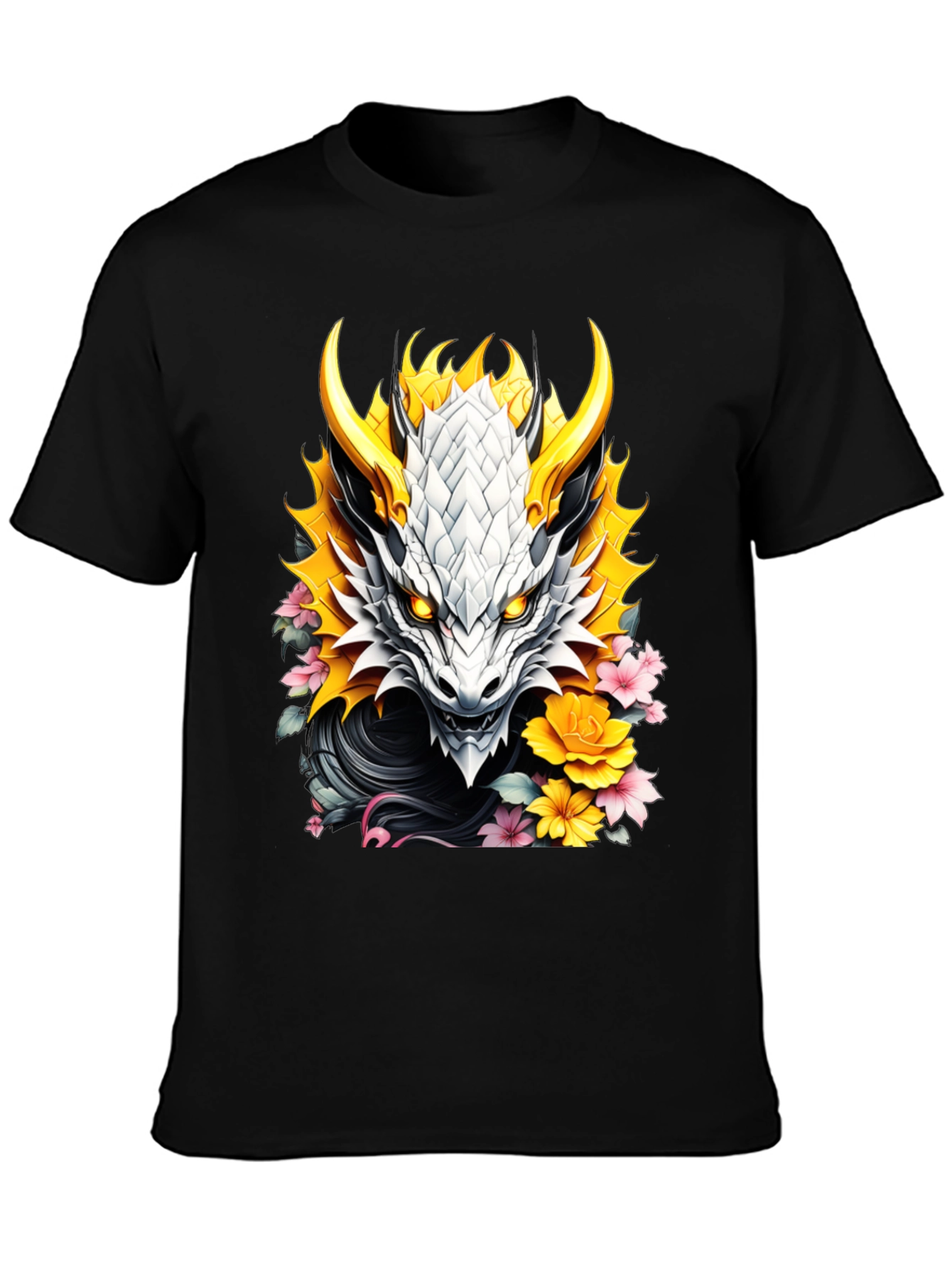 Camiseta Negra Dragón Floral Estilo Japonés