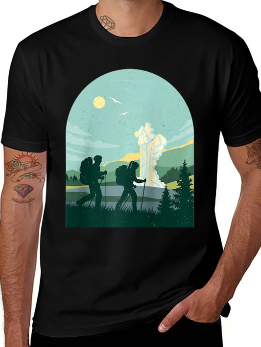 Camiseta Negra con Diseño de Excursionistas y Géiser