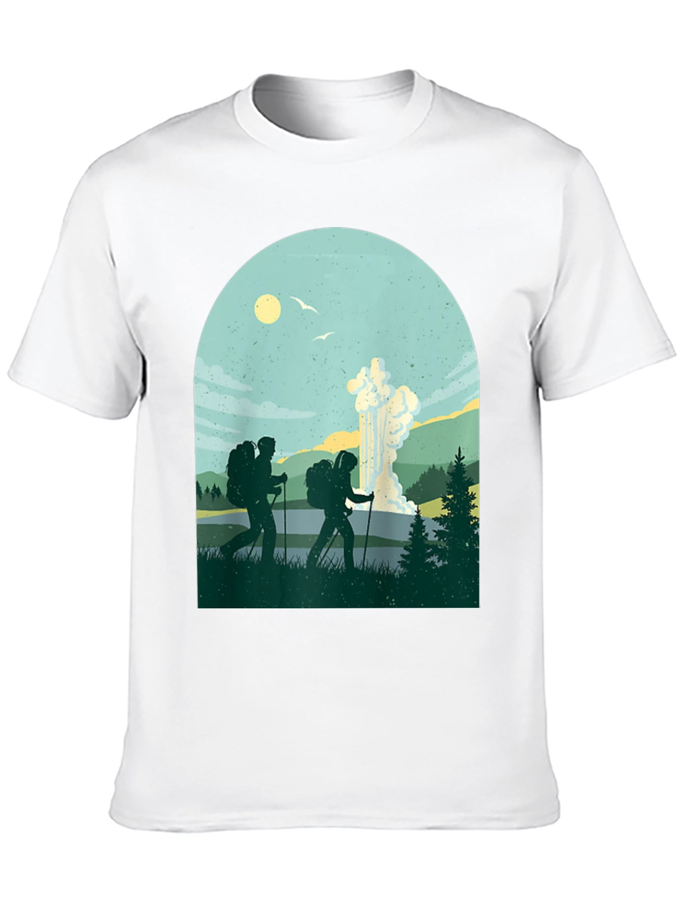 Camiseta Negra con Diseño de Excursionistas y Géiser