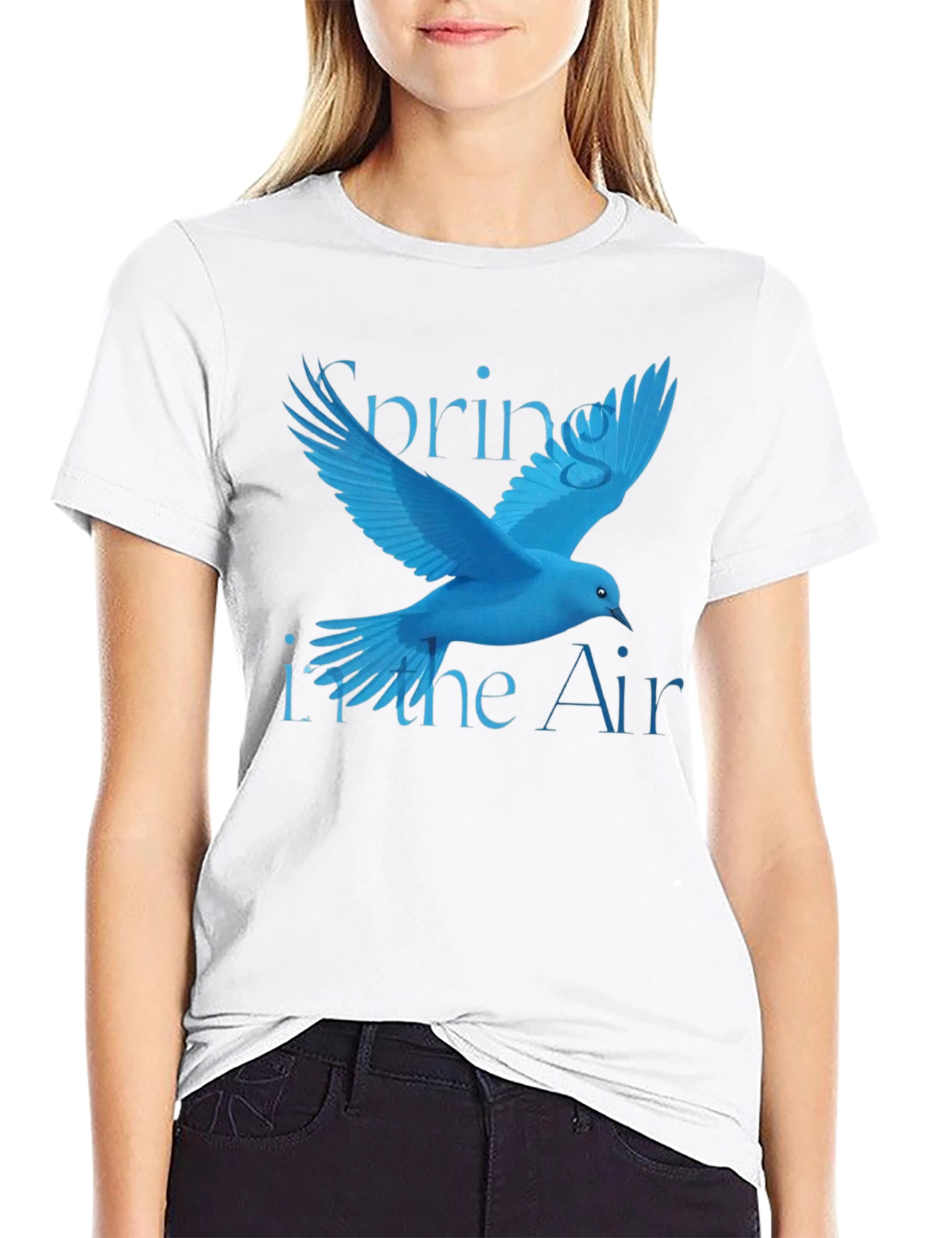 Camiseta Negra con Diseño de Primavera y Ave Azul