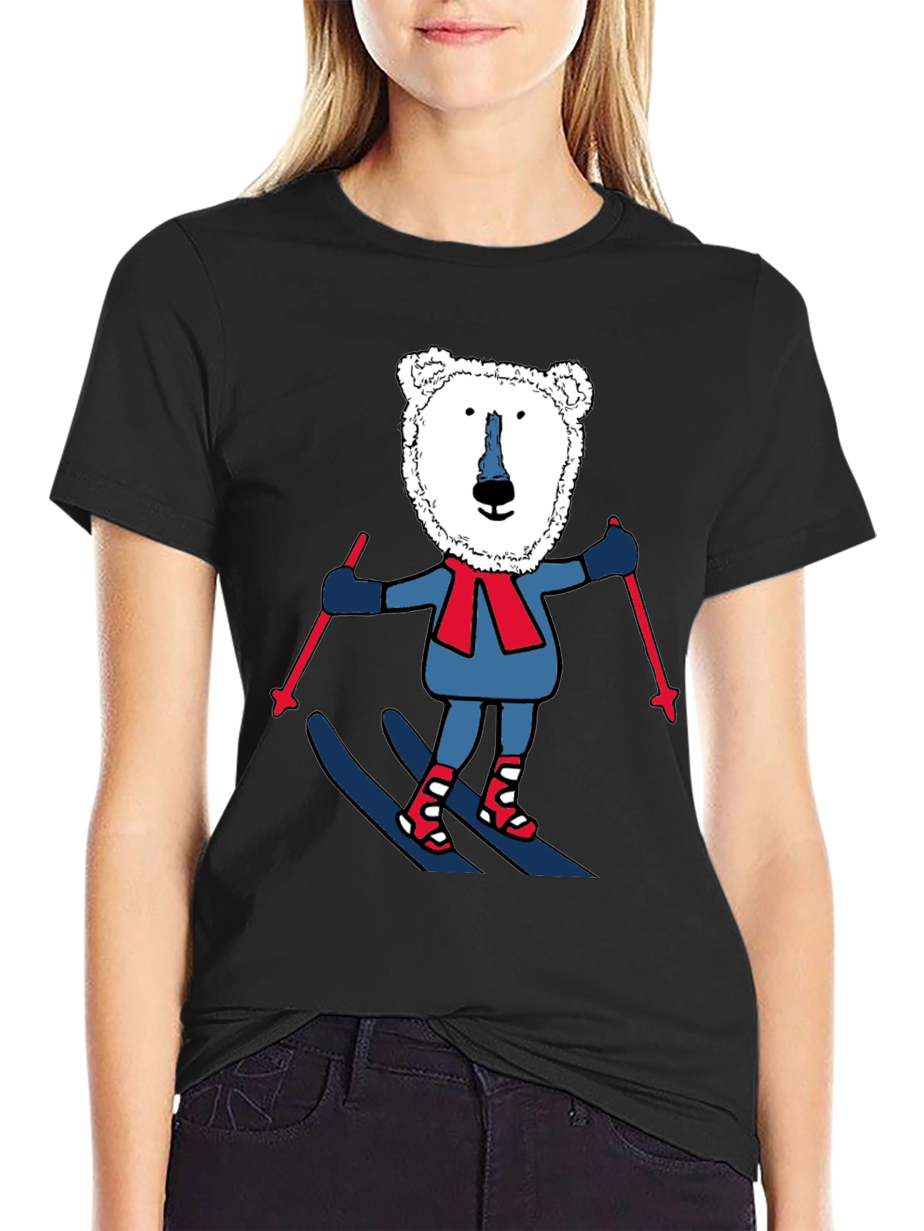 Camiseta Negra con Oso Polar esquiando