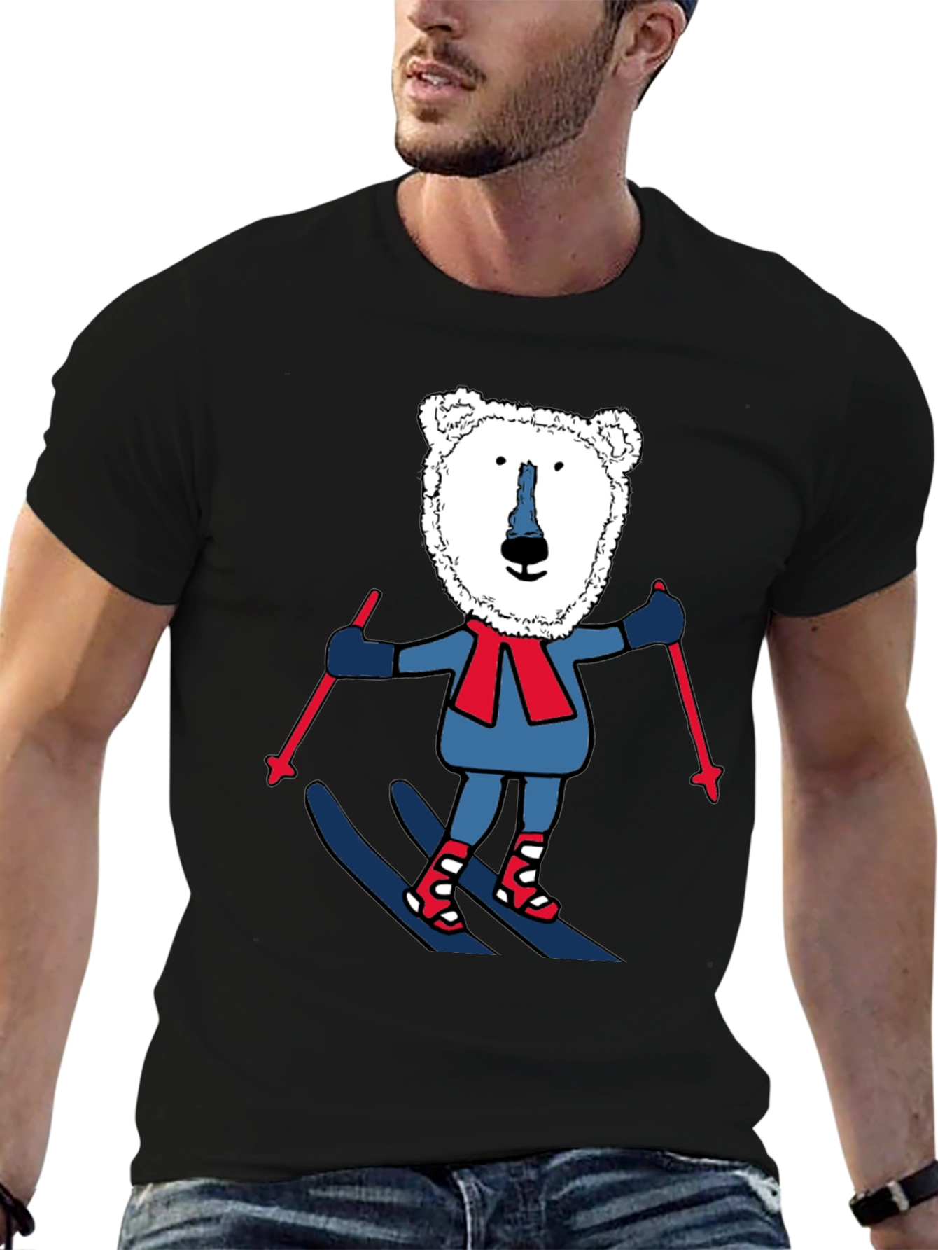 Camiseta Negra con Oso Polar esquiando