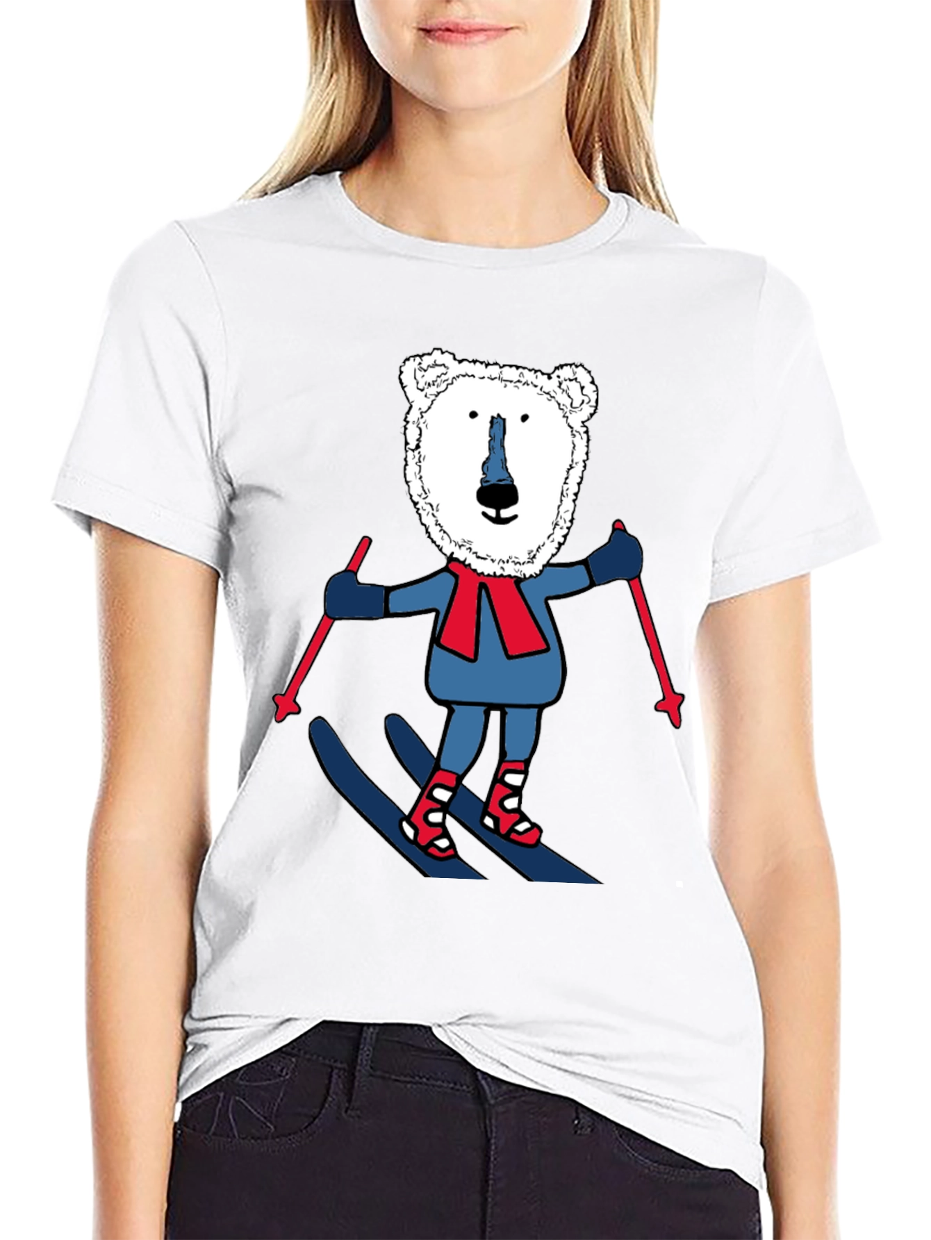 Camiseta Negra con Oso Polar esquiando
