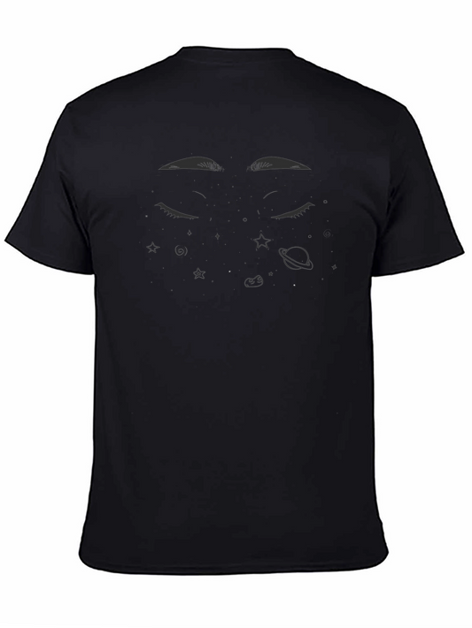 Camiseta Negra con Diseño Ojos Cerrados y Espacio
