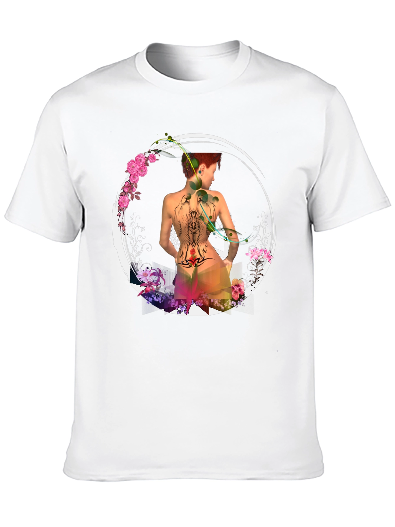 Camiseta Negra con Diseño Floral y Figura Abstracta