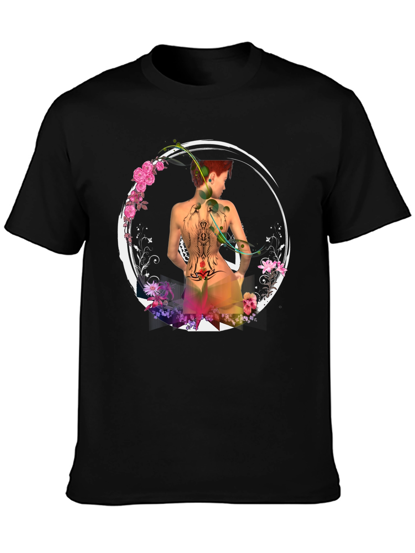 Camiseta Negra con Diseño Floral y Figura Abstracta