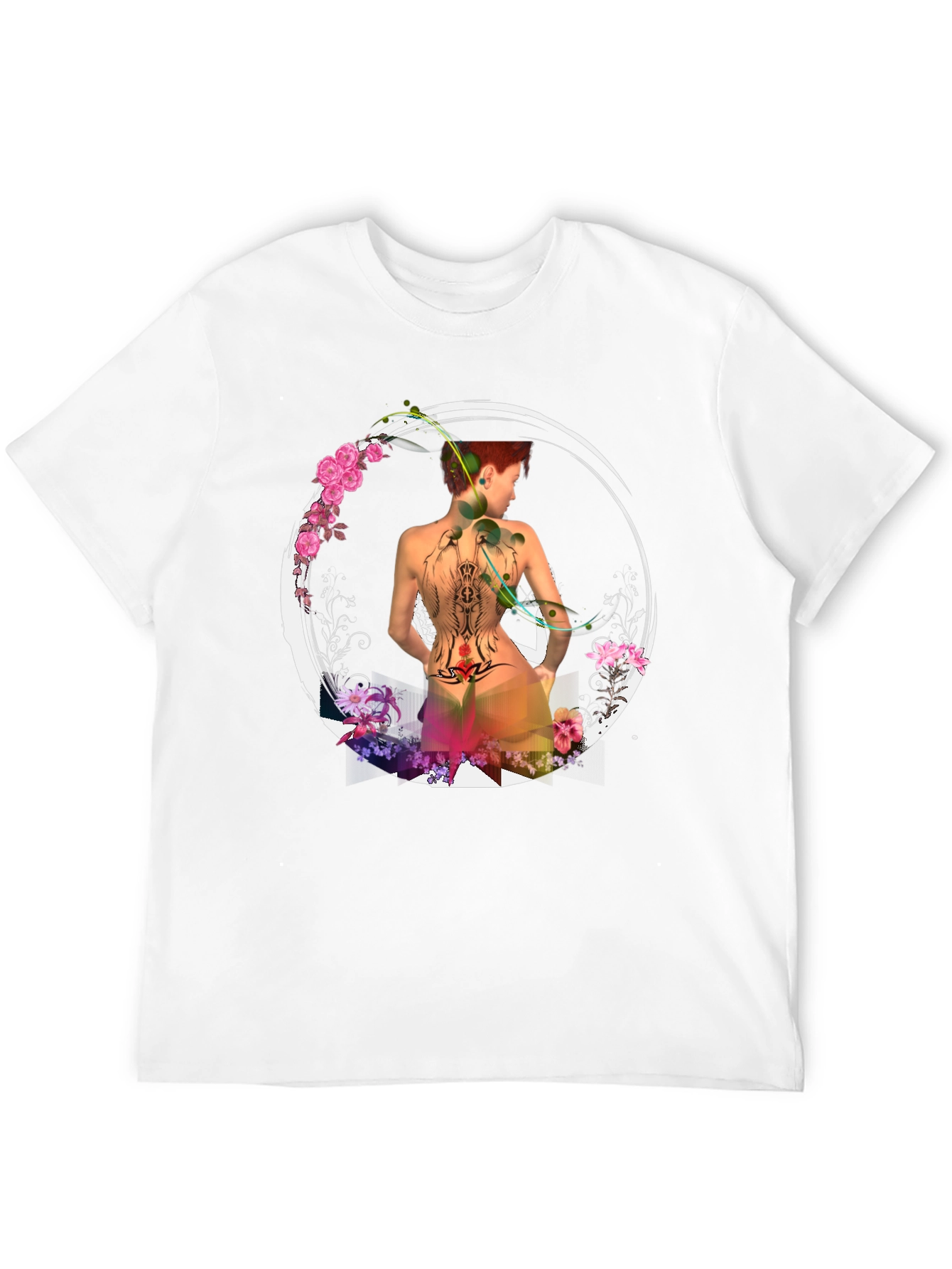 Camiseta Negra con Diseño Floral y Figura Abstracta