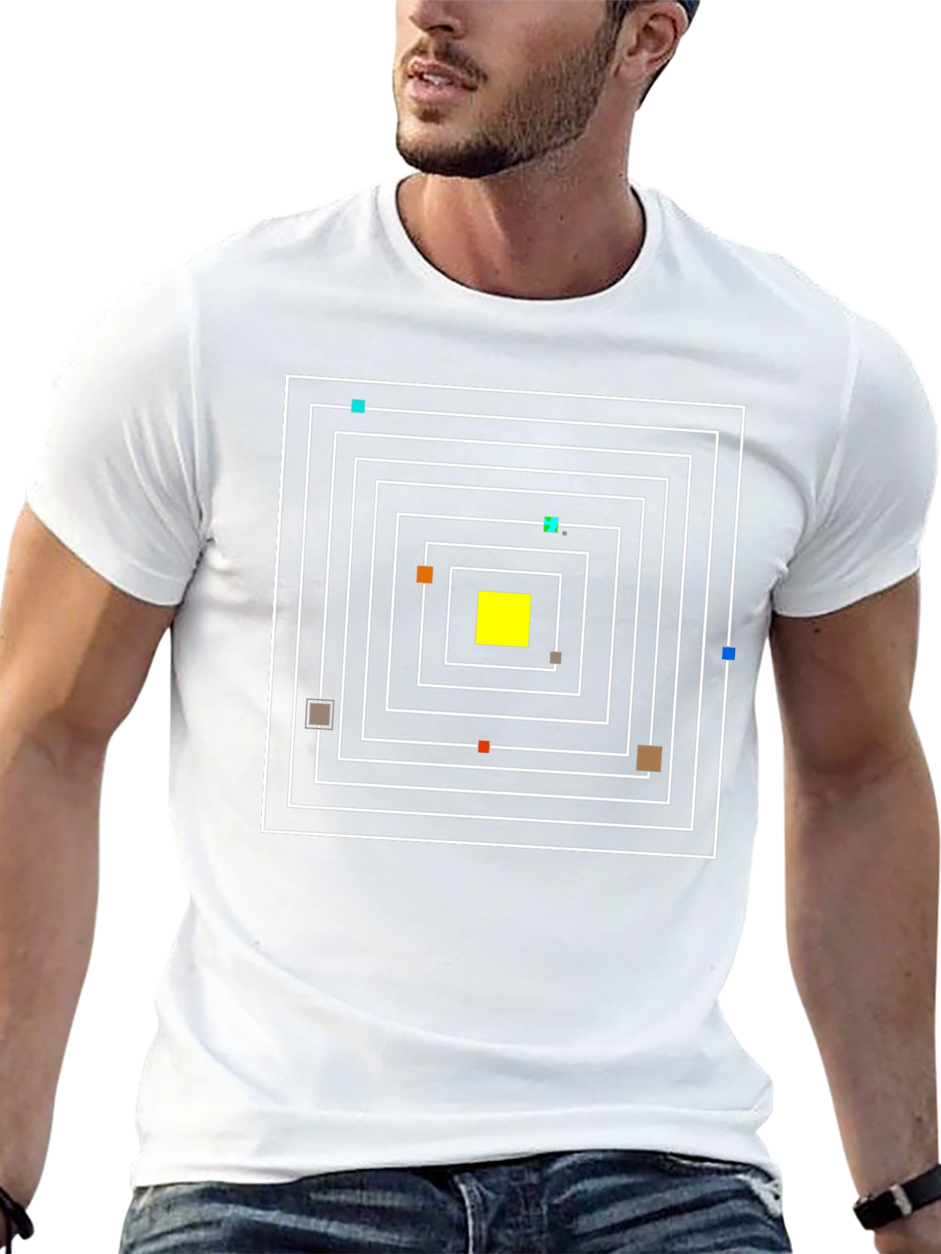 Camiseta Negra con Diseño Geométrico Cuadrado Abstracto