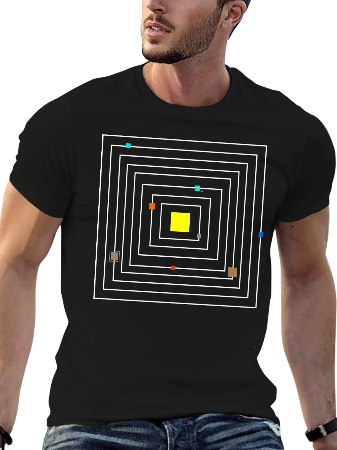 Camiseta Negra con Diseño Geométrico Cuadrado Abstracto