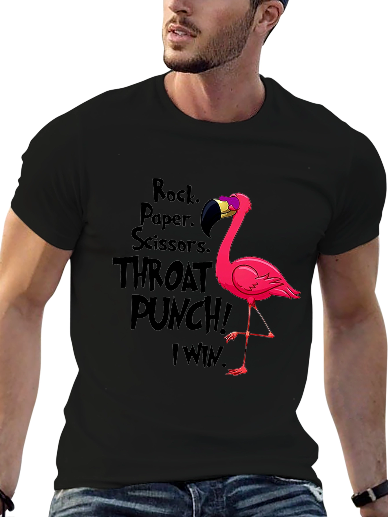 Camiseta Negra Flamingo: Rock Paper Scissors
