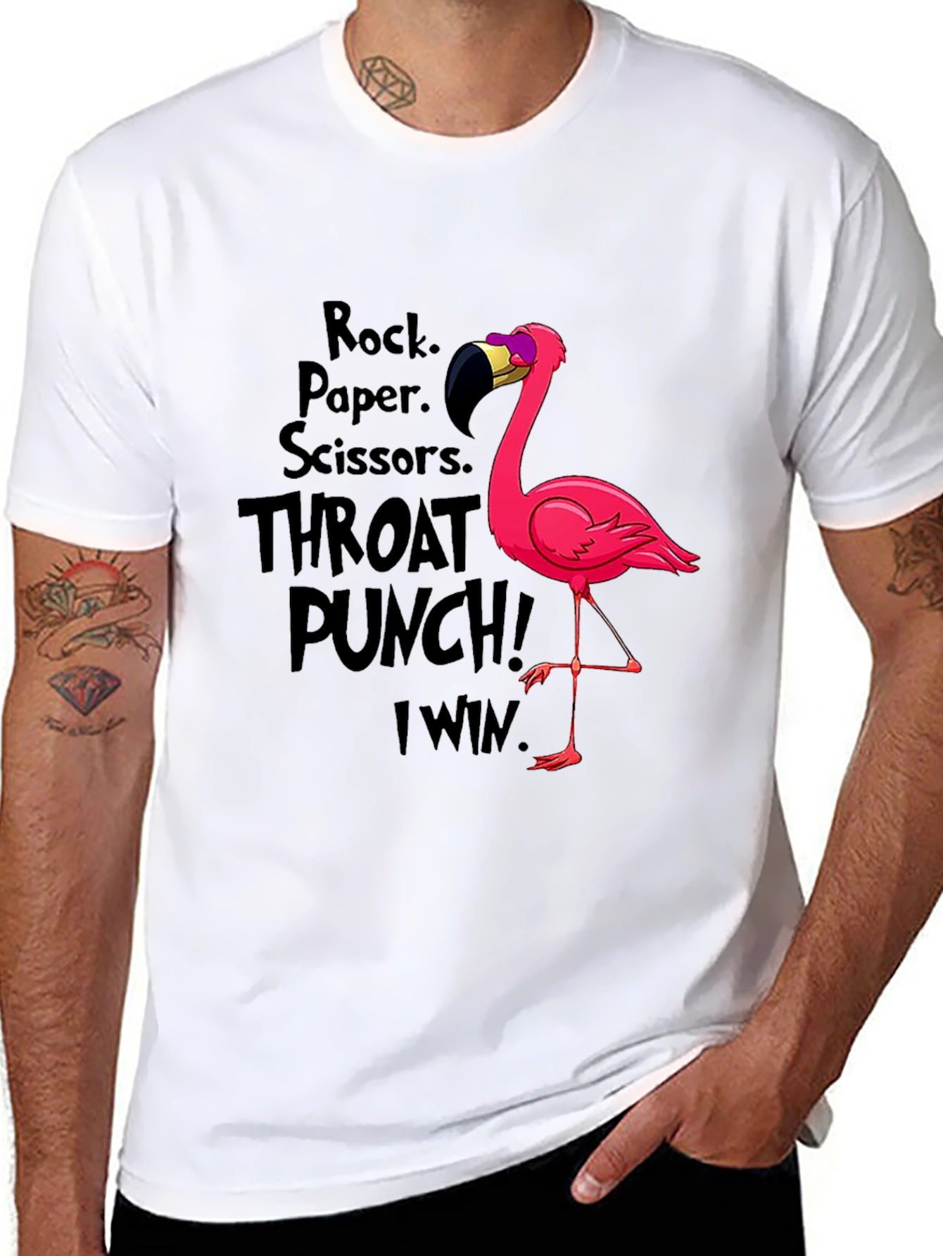 Camiseta Negra Flamingo: Rock Paper Scissors