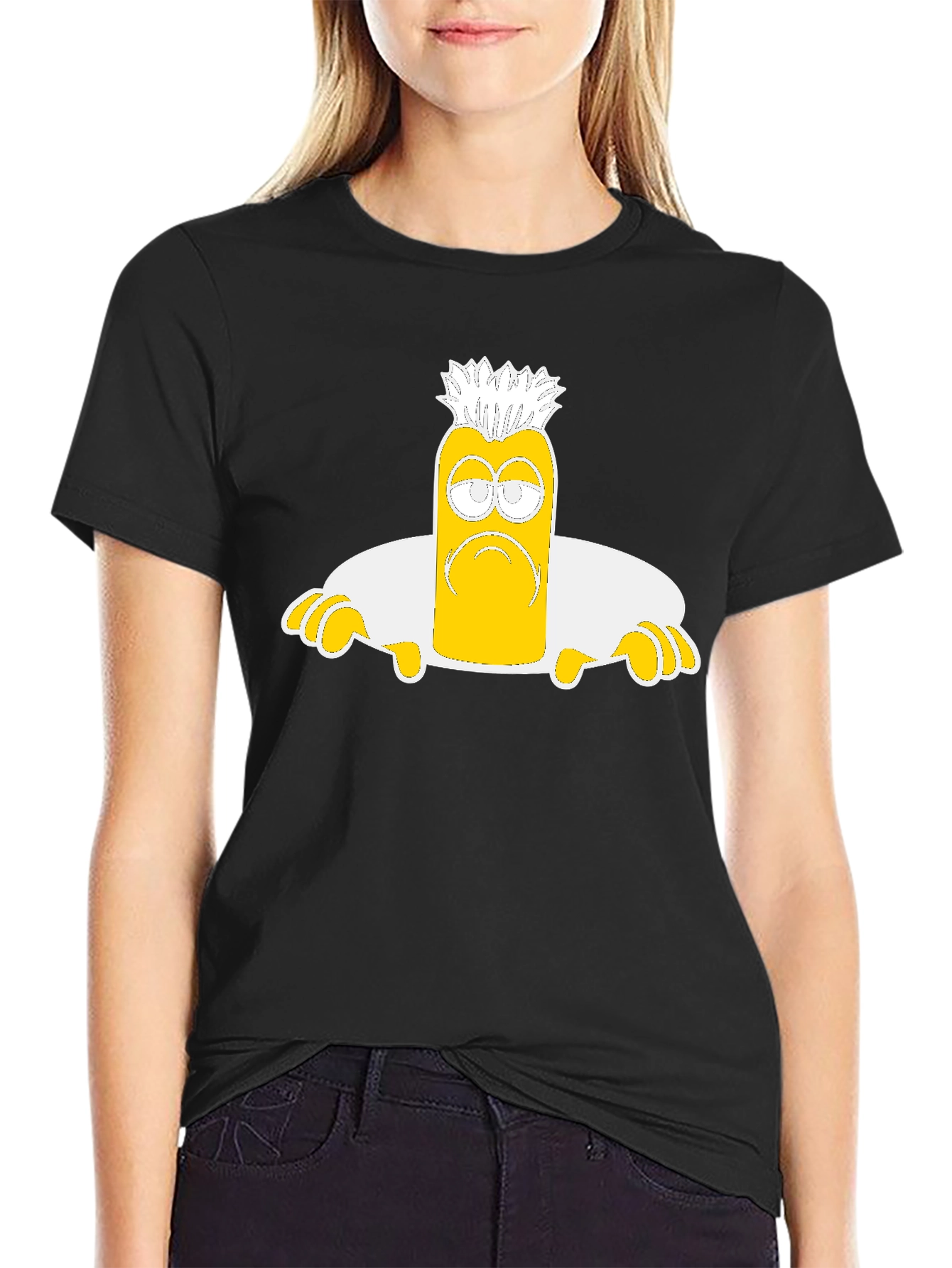 Camiseta Negra con Diseño de Personaje Amarilla Triste