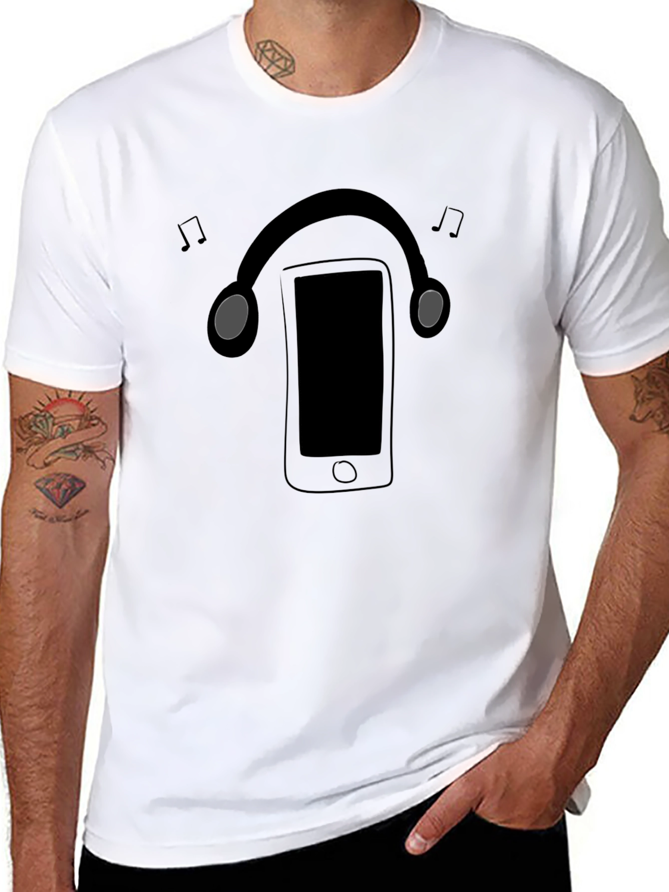 Camiseta Negra con Diseño de Audífonos y Música