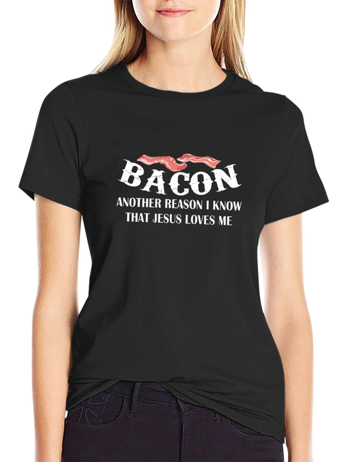 Camiseta Negra con Diseño de Bacon y Mensaje Religioso