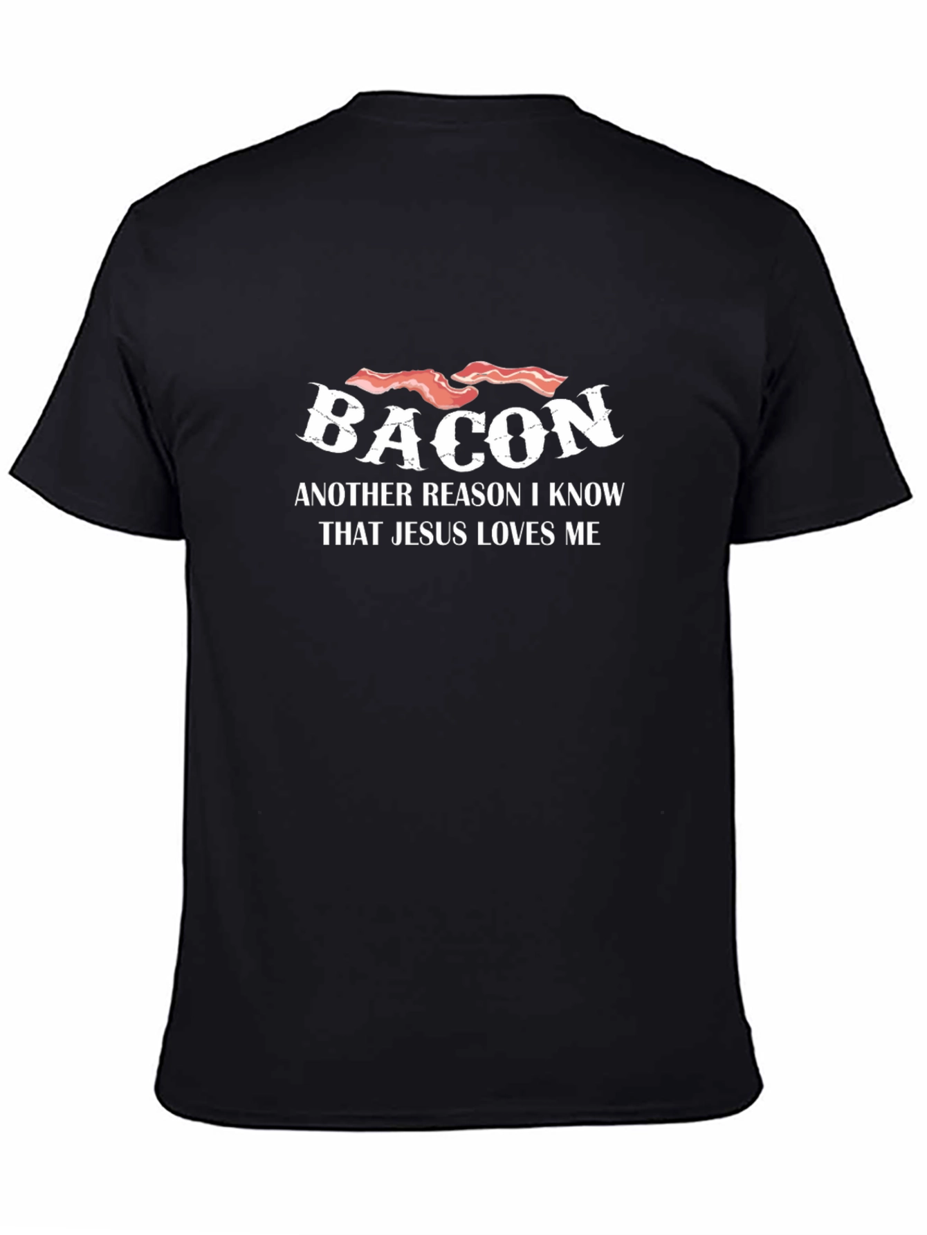 Camiseta Negra con Diseño de Bacon y Mensaje Religioso