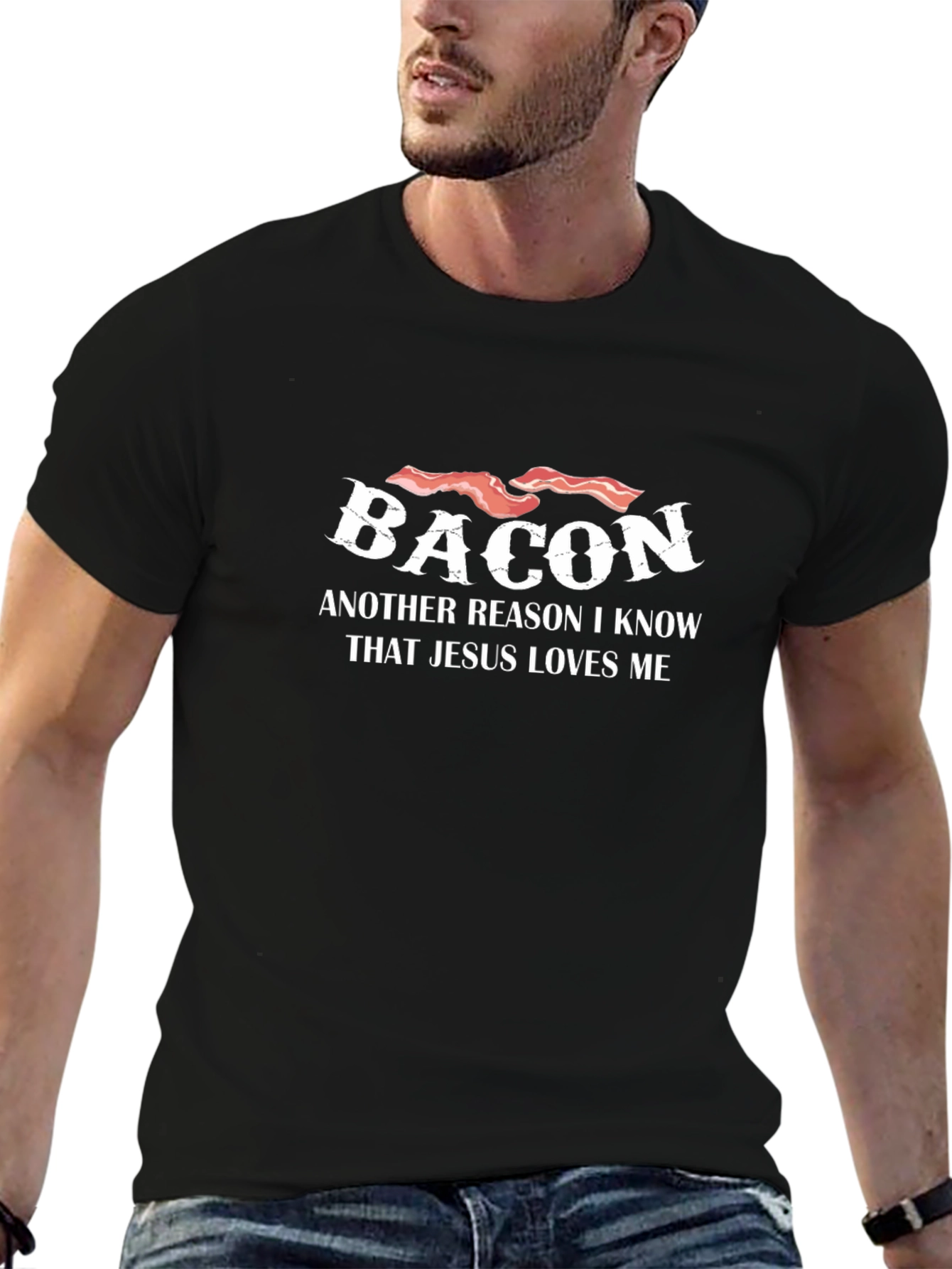 Camiseta Negra con Diseño de Bacon y Mensaje Religioso