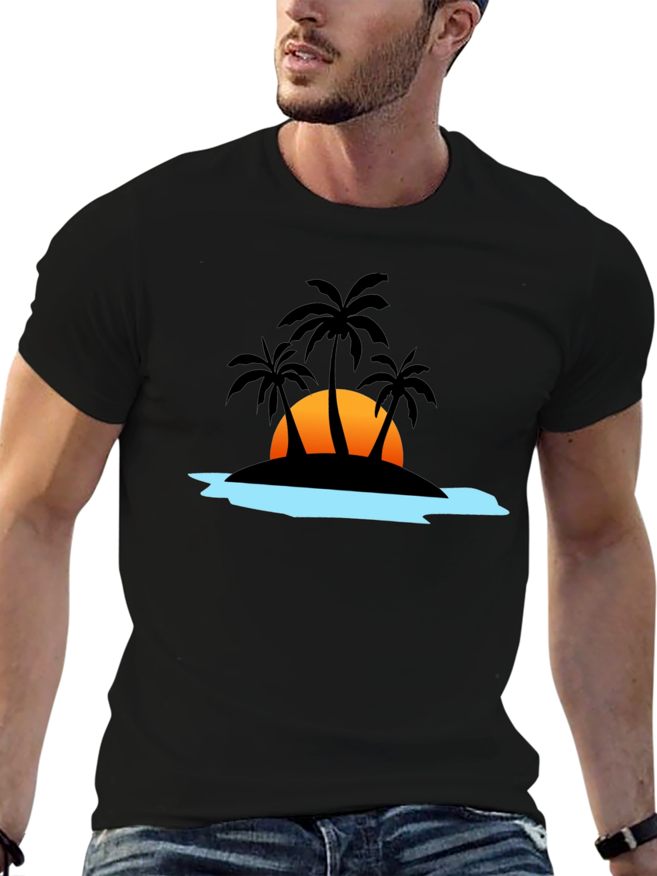 Camiseta Negra con Diseño Tropical de Isla al Atardecer