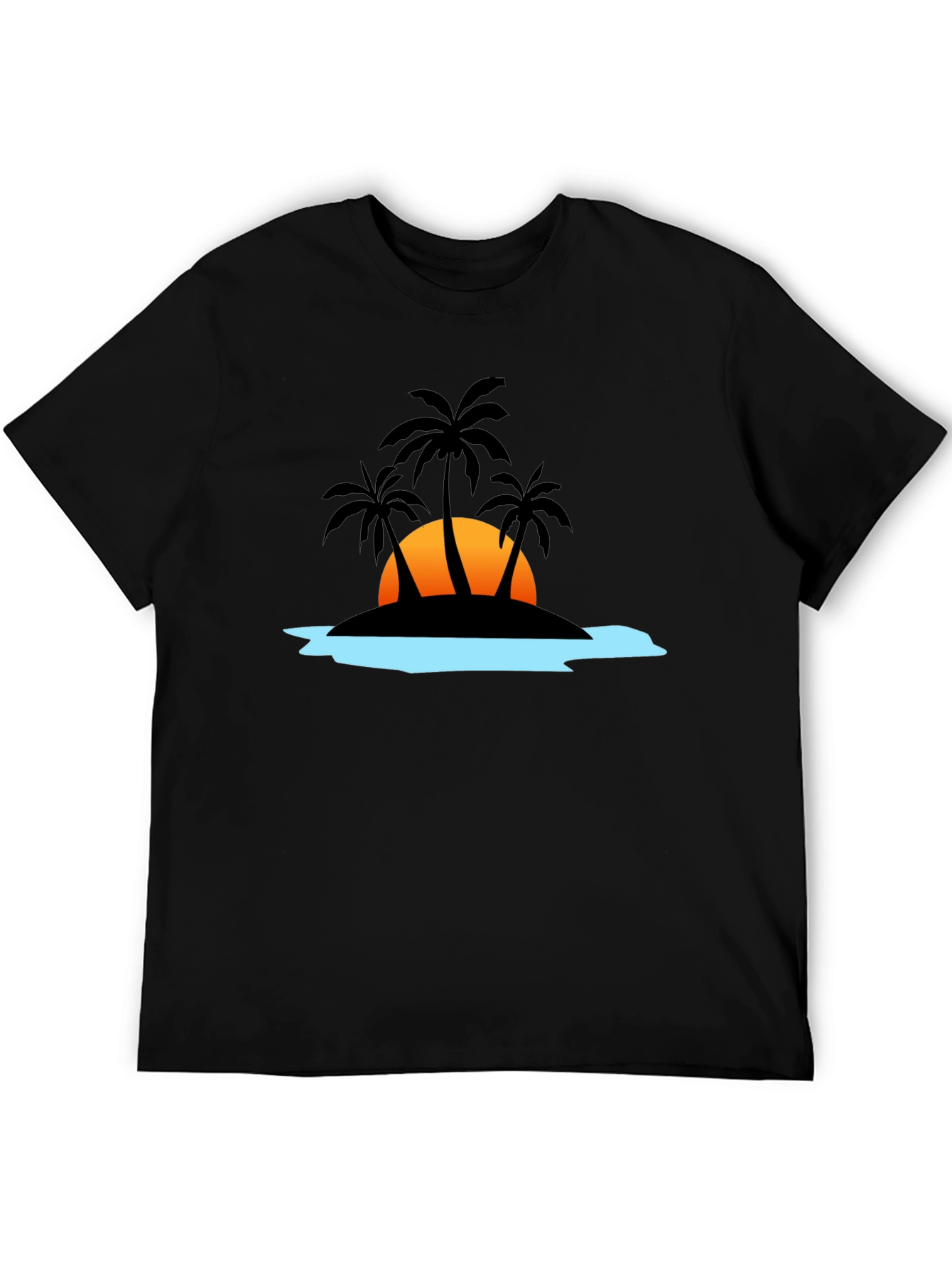 Camiseta Negra con Diseño Tropical de Isla al Atardecer