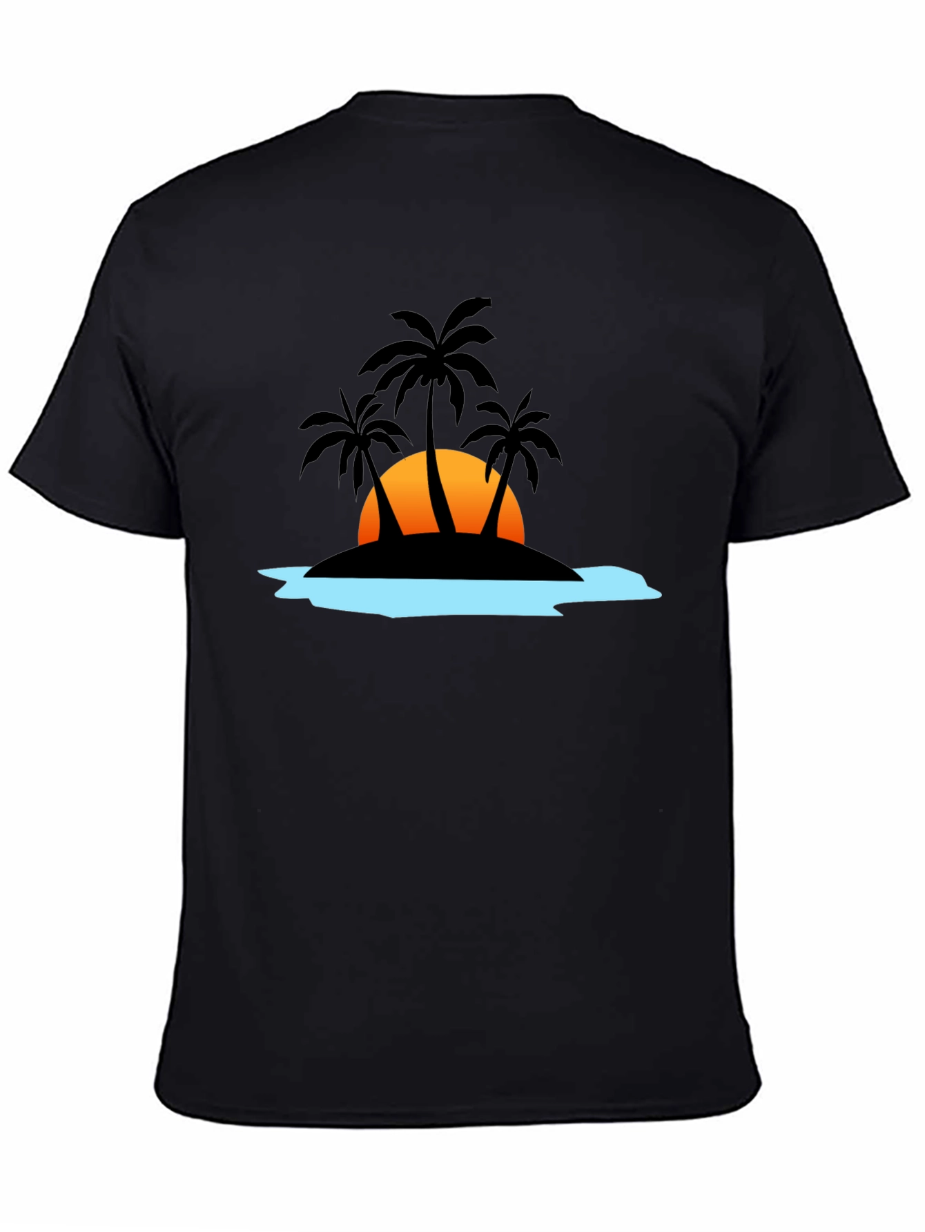 Camiseta Negra con Diseño Tropical de Isla al Atardecer