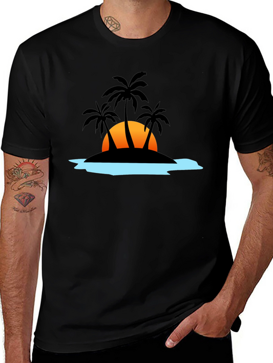 Camiseta Negra con Diseño Tropical de Isla al Atardecer