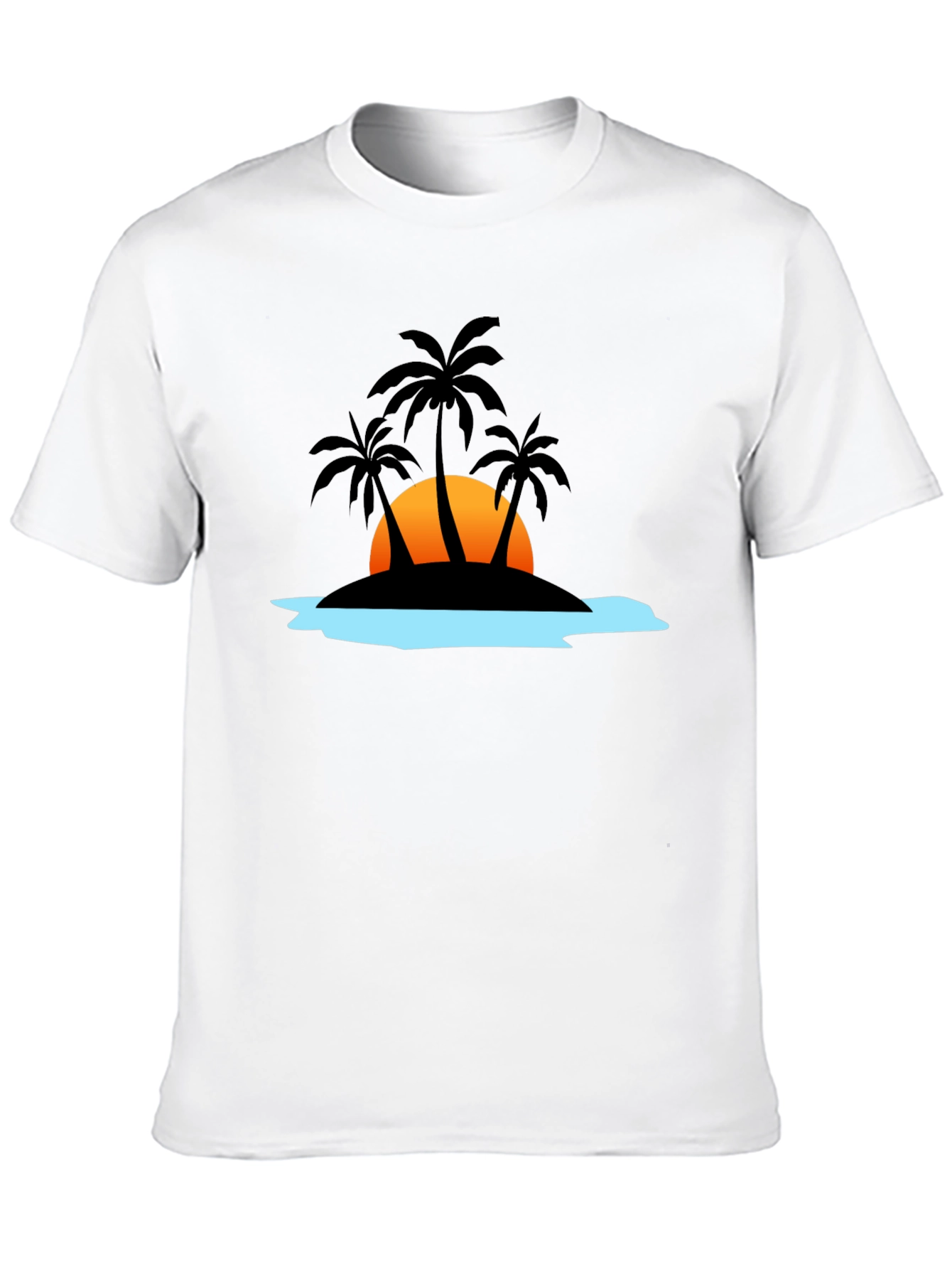 Camiseta Negra con Diseño Tropical de Isla al Atardecer