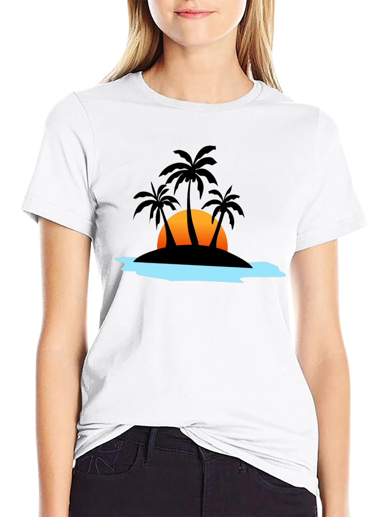 Camiseta Negra con Diseño Tropical de Isla al Atardecer