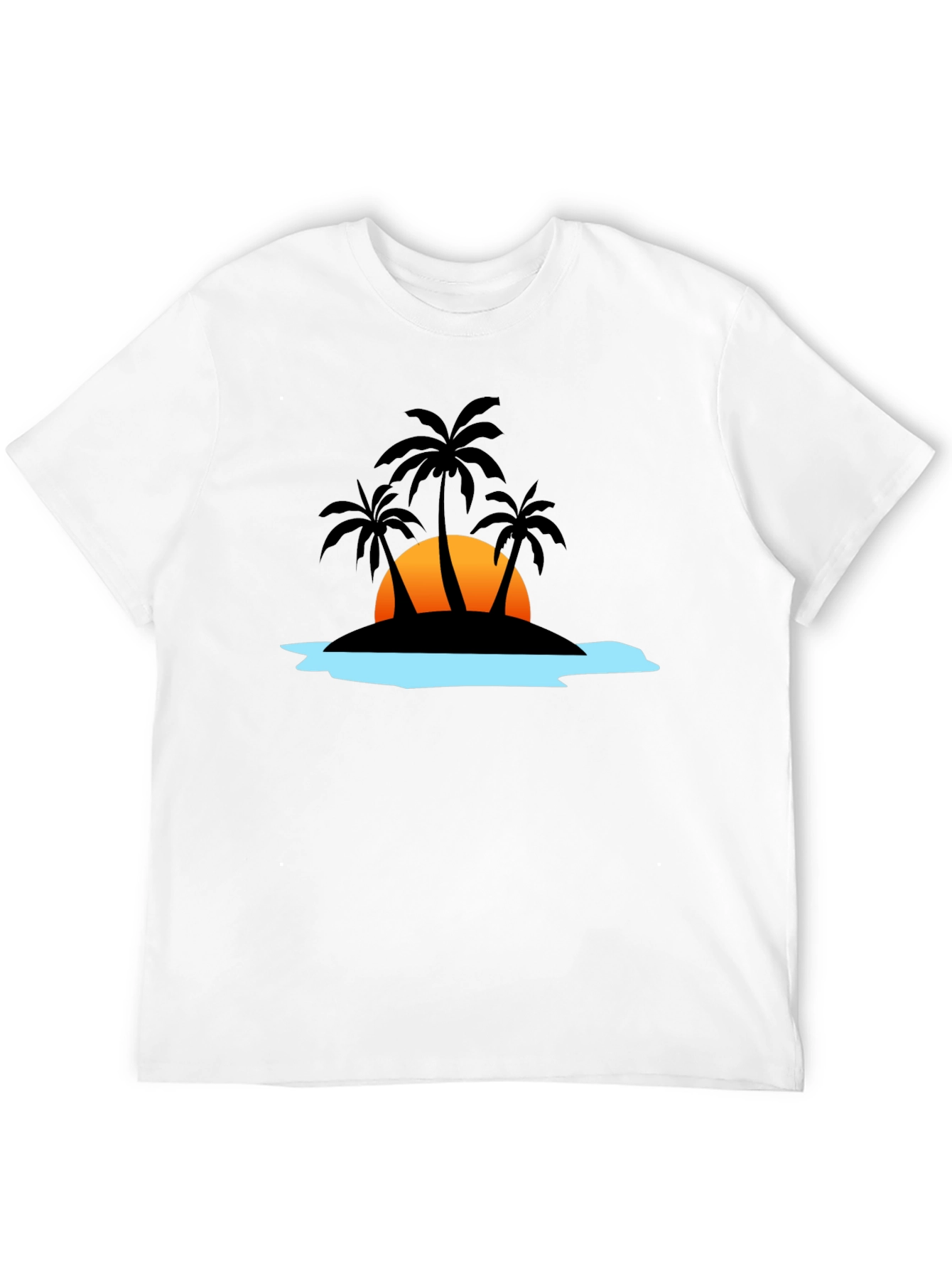 Camiseta Negra con Diseño Tropical de Isla al Atardecer