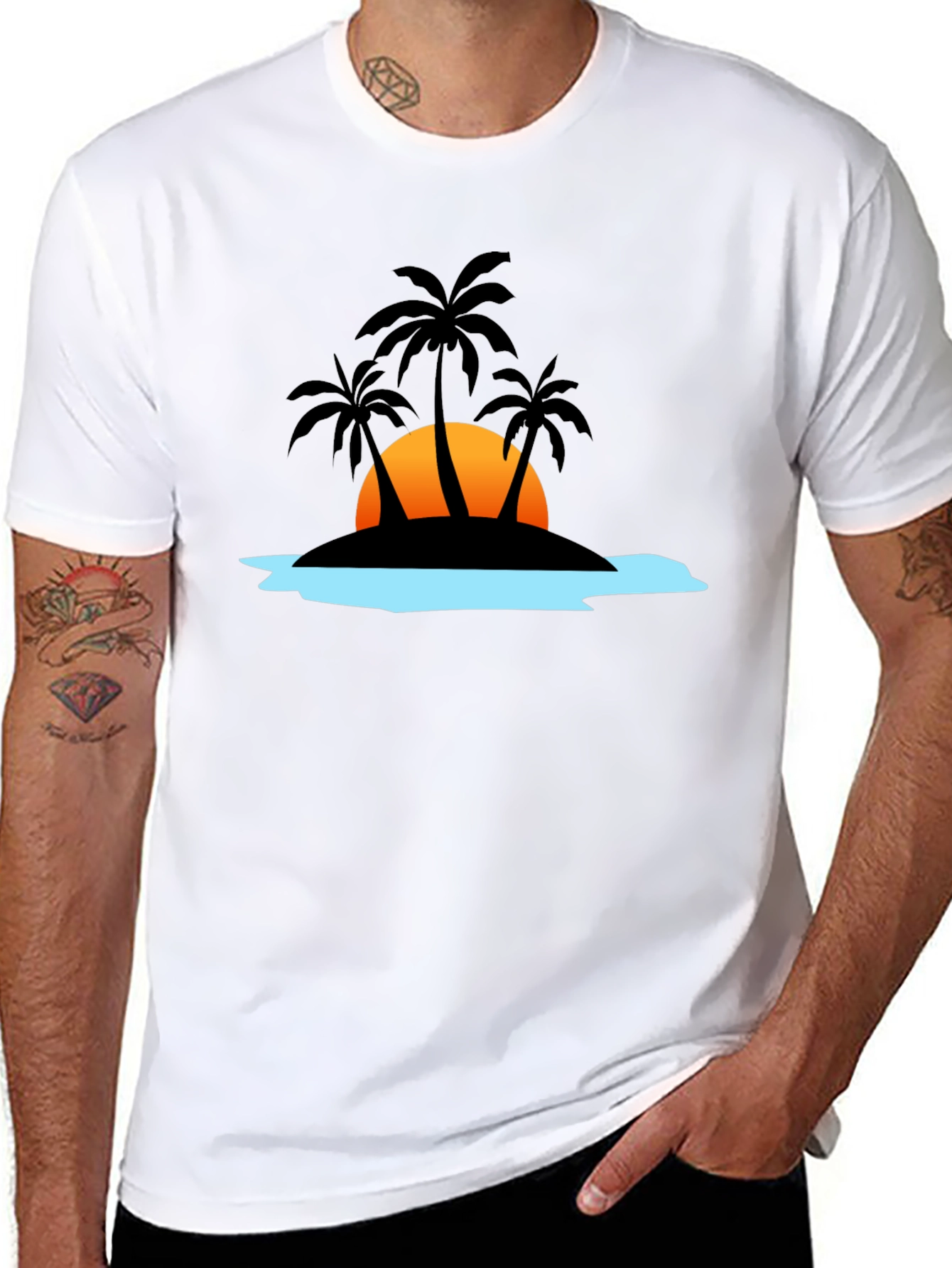 Camiseta Negra con Diseño Tropical de Isla al Atardecer