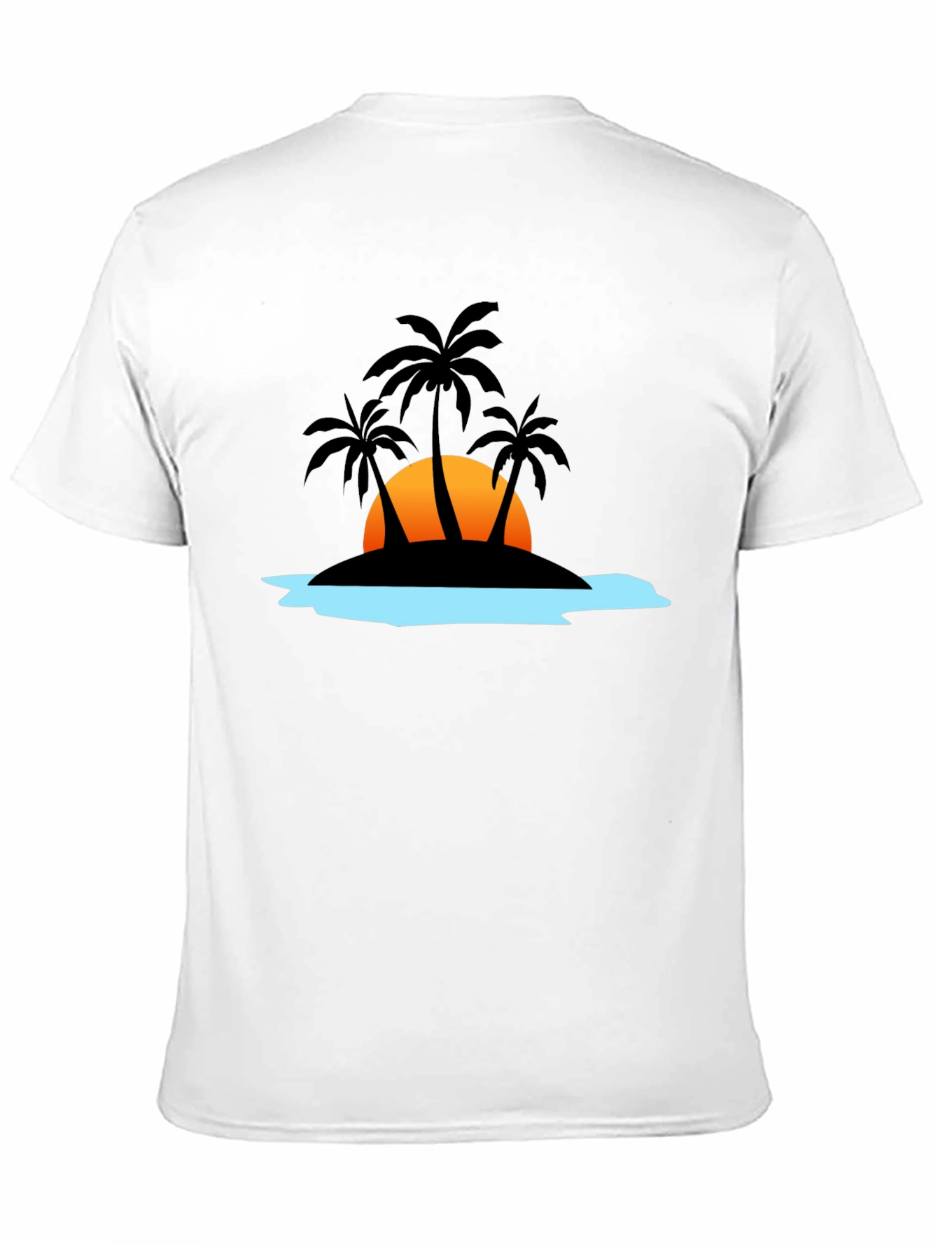 Camiseta Negra con Diseño Tropical de Isla al Atardecer