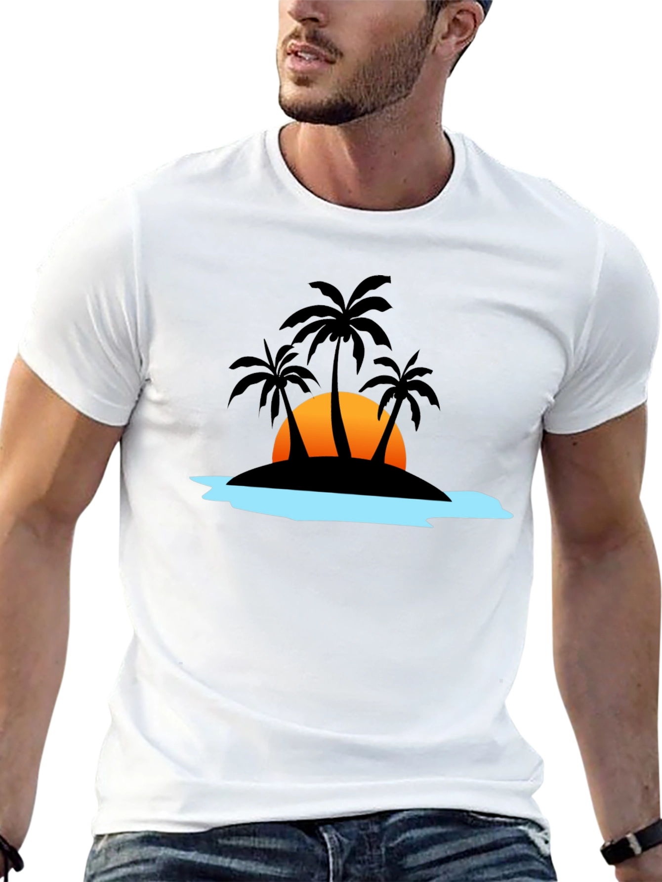 Camiseta Negra con Diseño Tropical de Isla al Atardecer