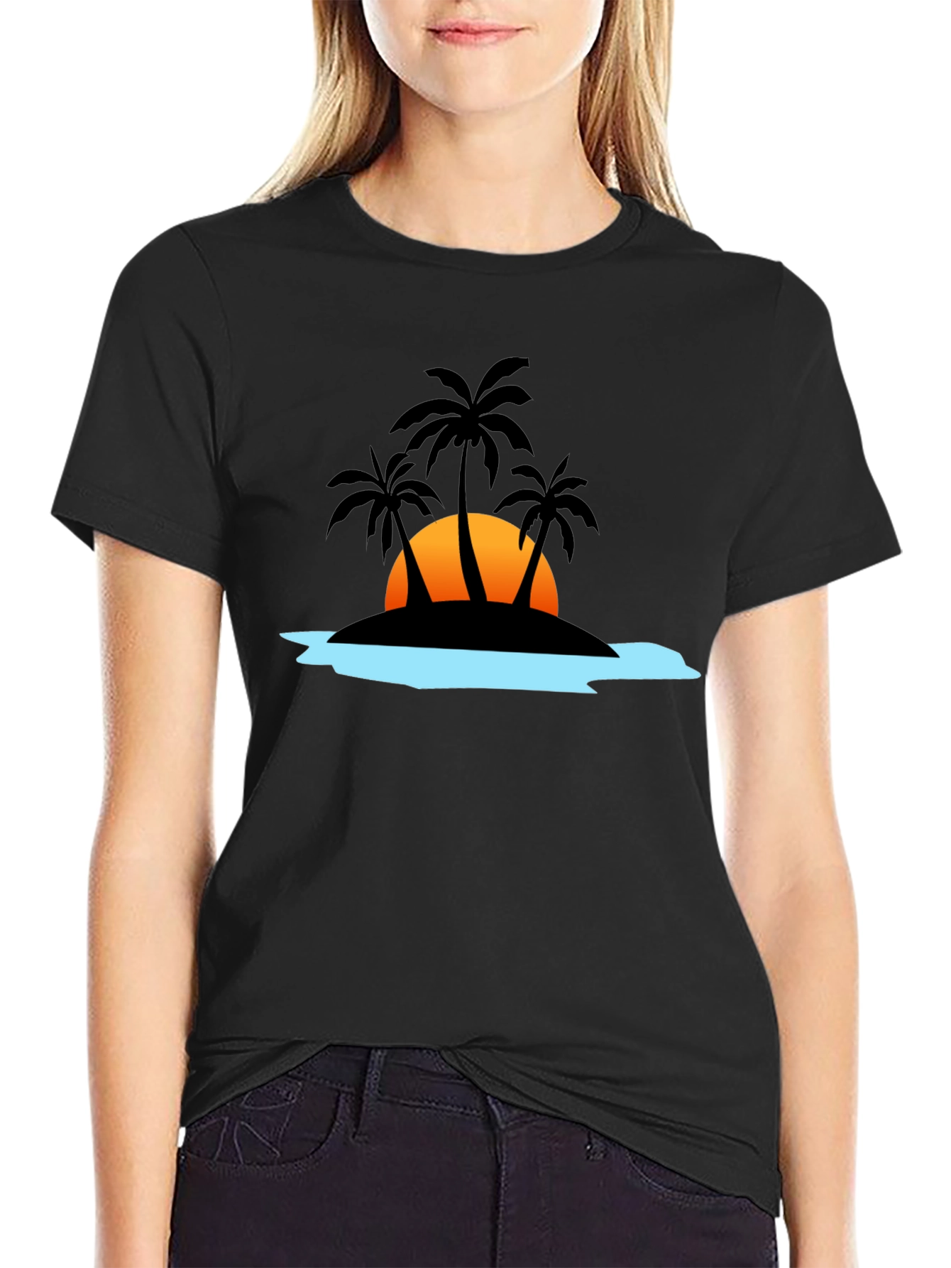 Camiseta Negra con Diseño Tropical de Isla al Atardecer