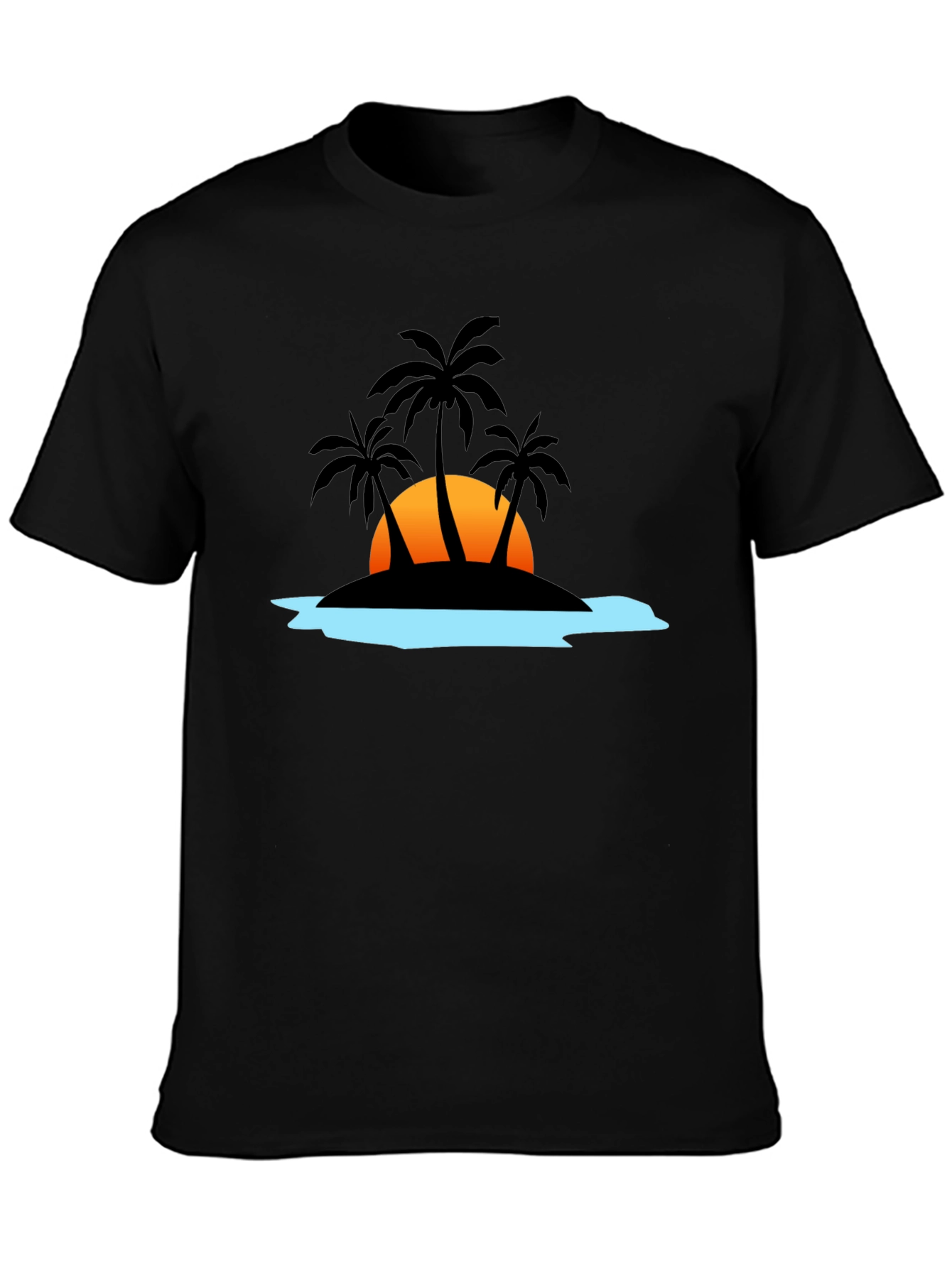 Camiseta Negra con Diseño Tropical de Isla al Atardecer