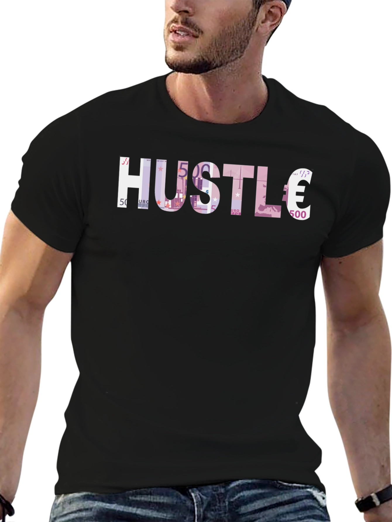 Camiseta Negra Hustle Euros Estampado