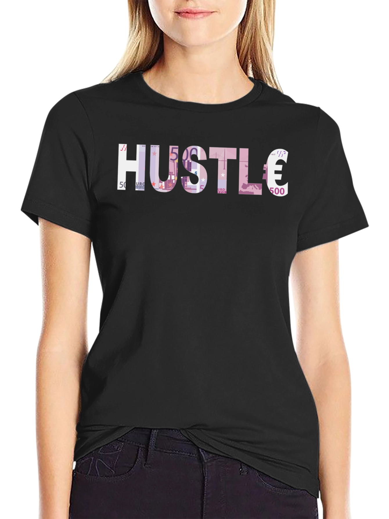 Camiseta Negra Hustle Euros Estampado