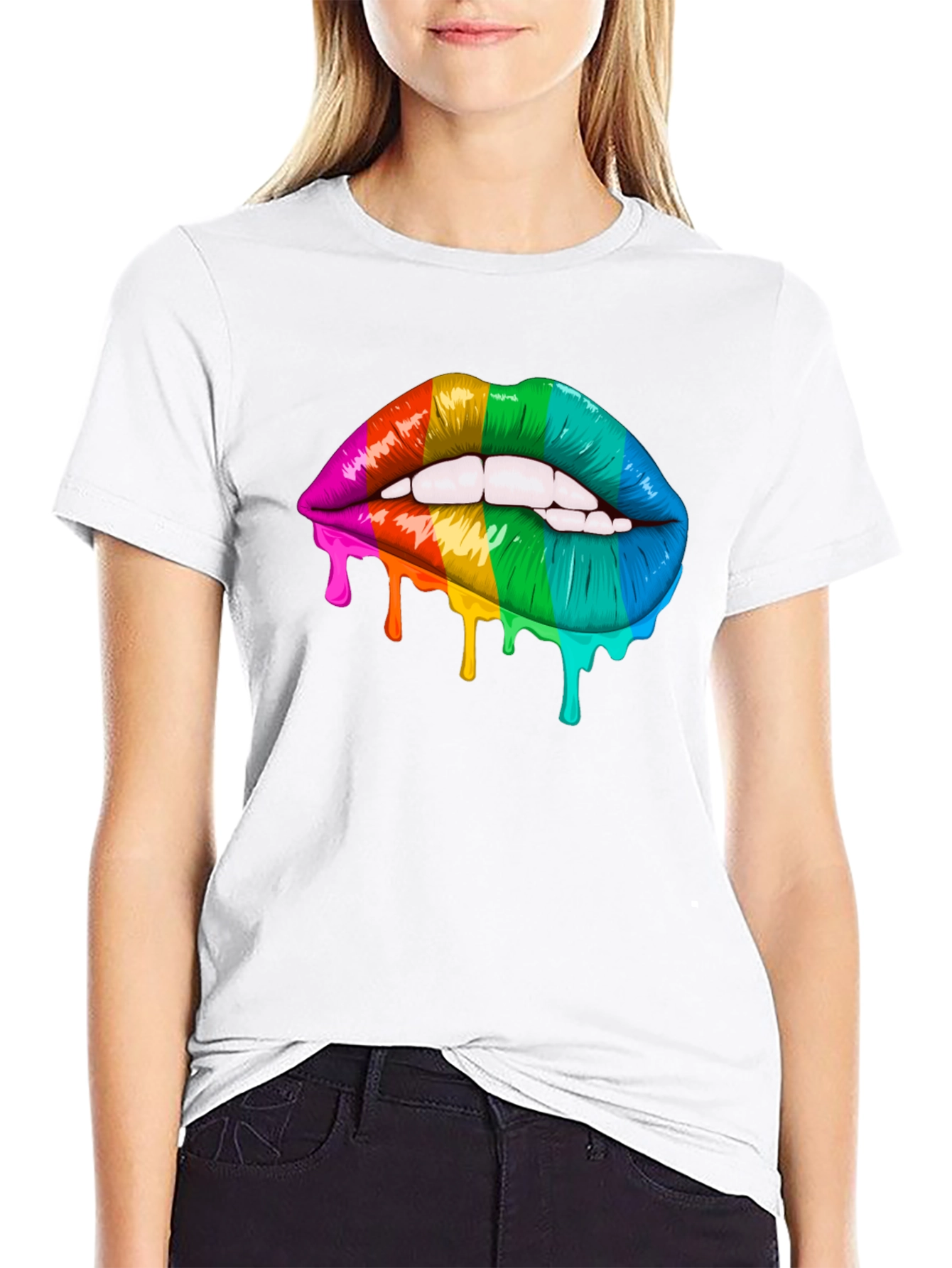 Camiseta Negra Unisex con Labios de Arcoíris